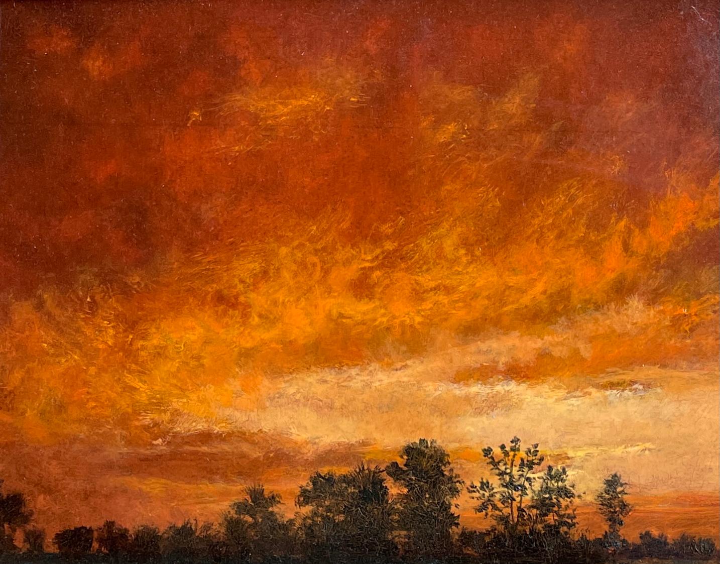 Sunset - Fiery Sky with Silhouetted Trees on the Horizon, Oil on Panel, Framed - Painting by Jeff Aeling