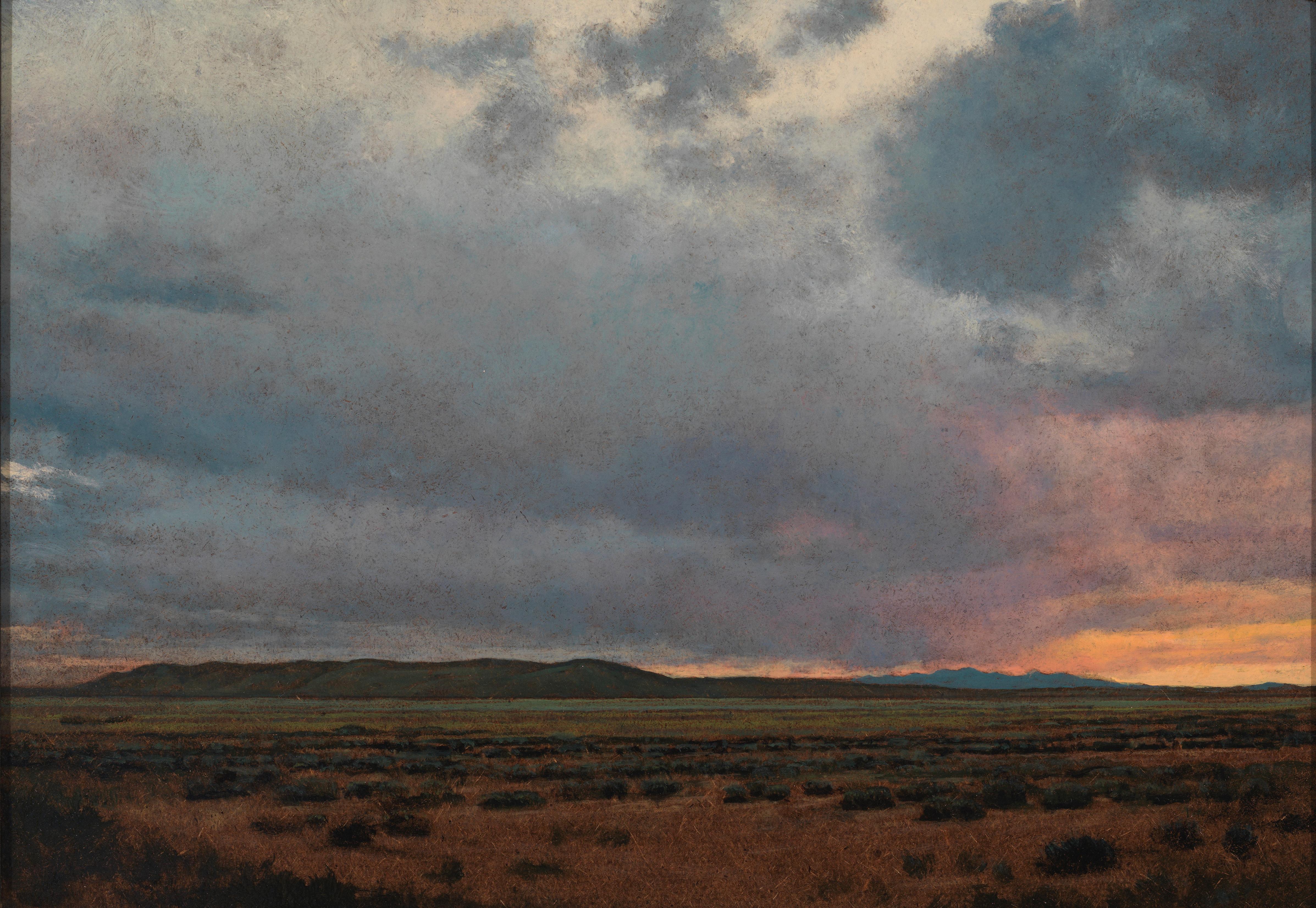 Loose brush strokes in this small scale painting capture the dramatic skies of the Southwest United States.  The foreground builds to a mountain filled horizon creating great depth texture, while a soft glow of light contrasts against voluminous