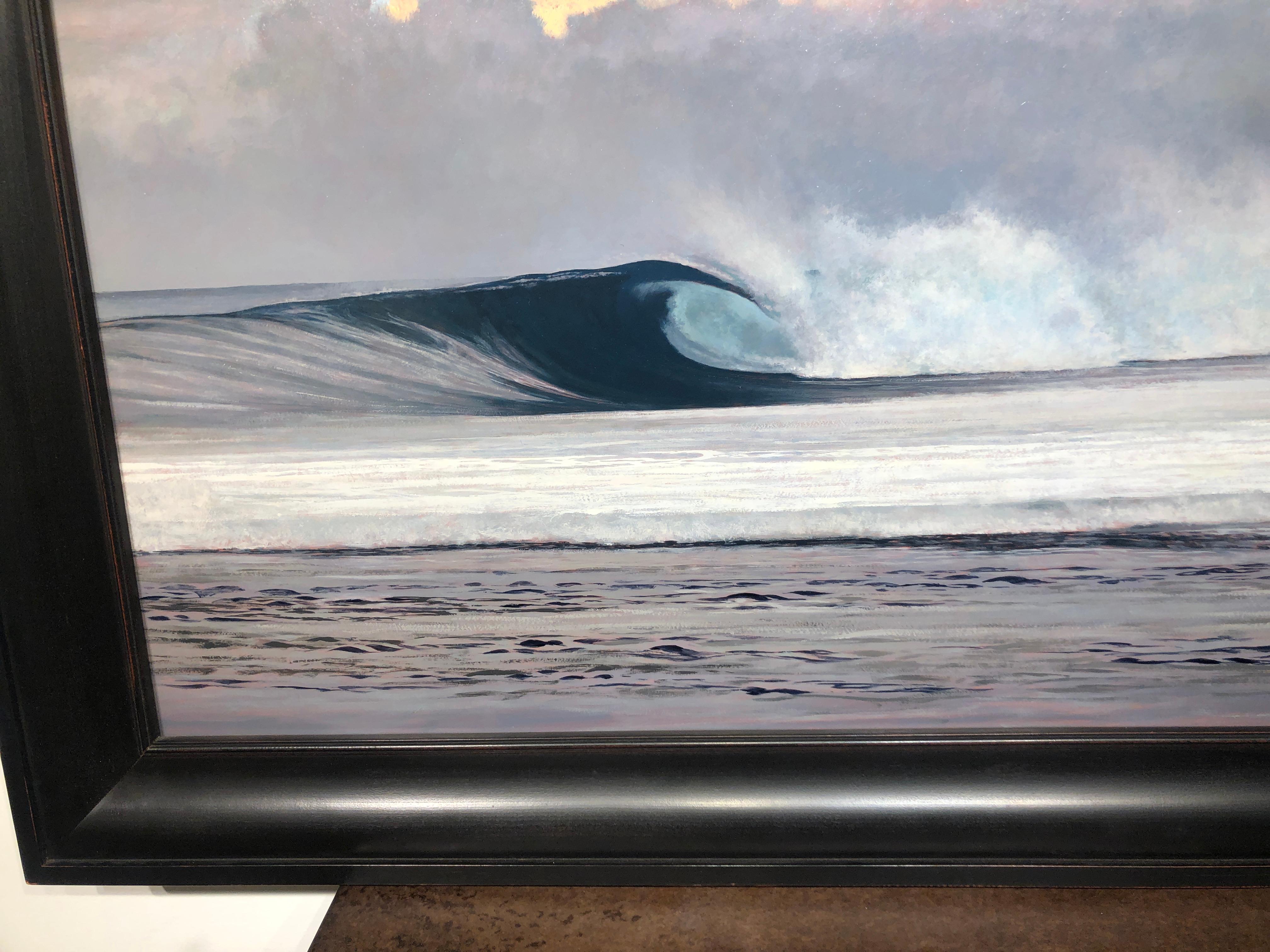 The magic of a cresting wave is captured in this dramatic painting by Jeff Aeling.  Based in the Midwest United States, Jeff sometimes spends winters in Hawaii surfing the gigantic waves off Kauai.  The artist's loose, confident brushwork perfectly