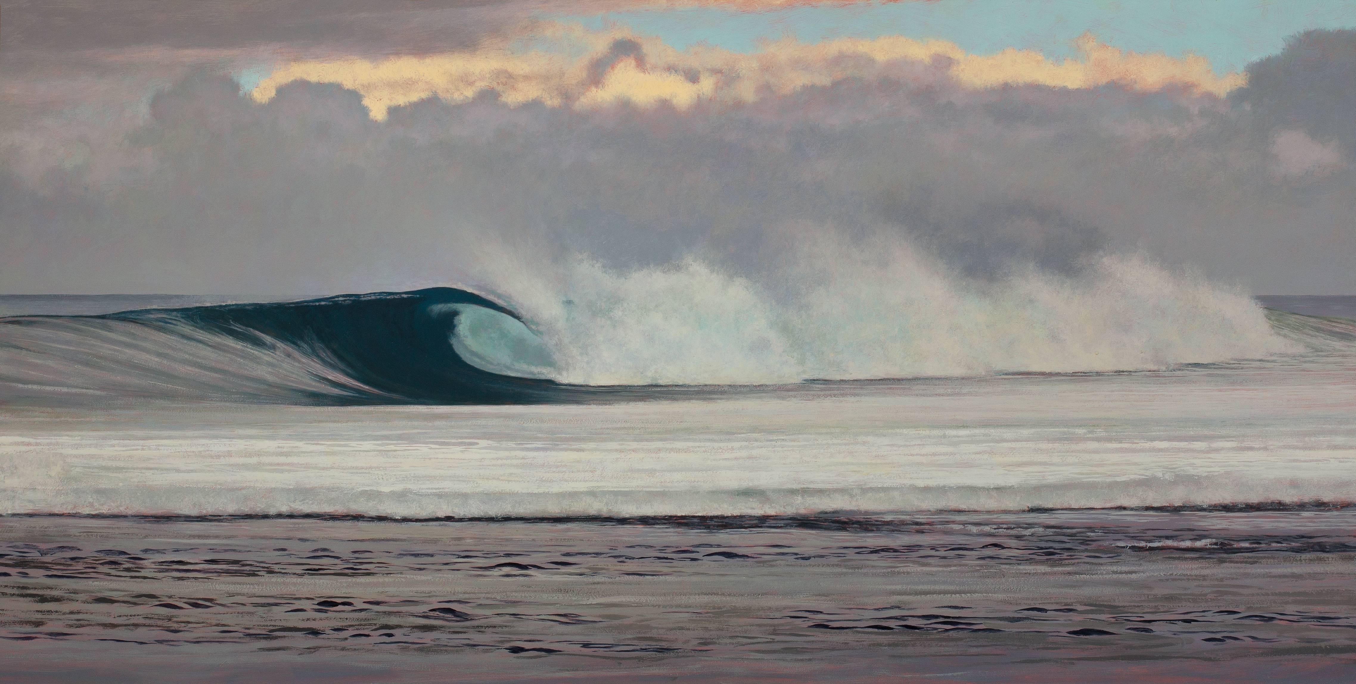 Twilight Wave, Kauai - Shoreline und entstehende Welle mit dramatischem wolkenblauem Himmel  – Painting von Jeff Aeling