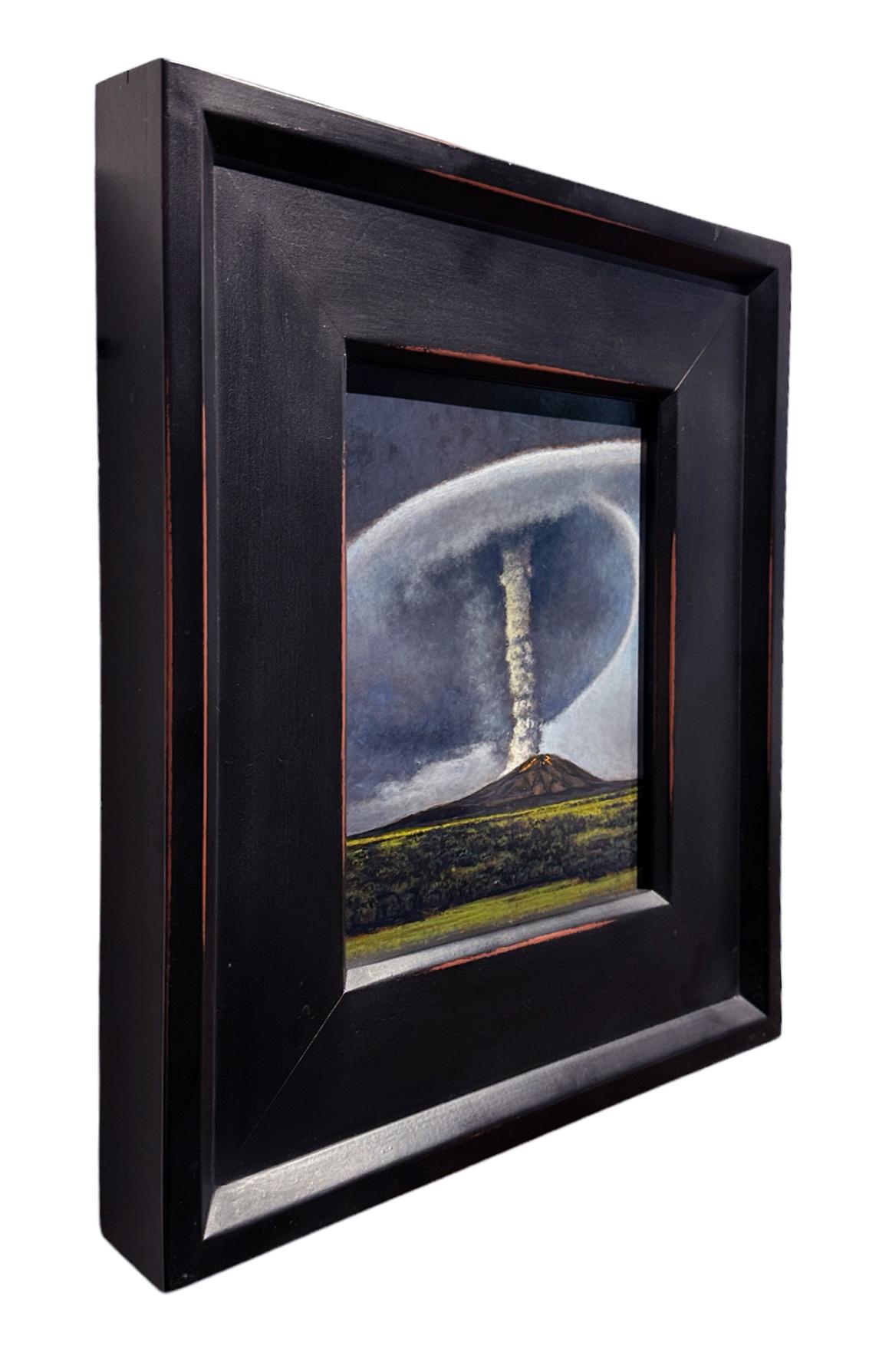 Volcano – Brennender Vulkan mit wirbelnder Wolke aus Esche, gerahmtes Ölgemälde (Zeitgenössisch), Painting, von Jeff Aeling