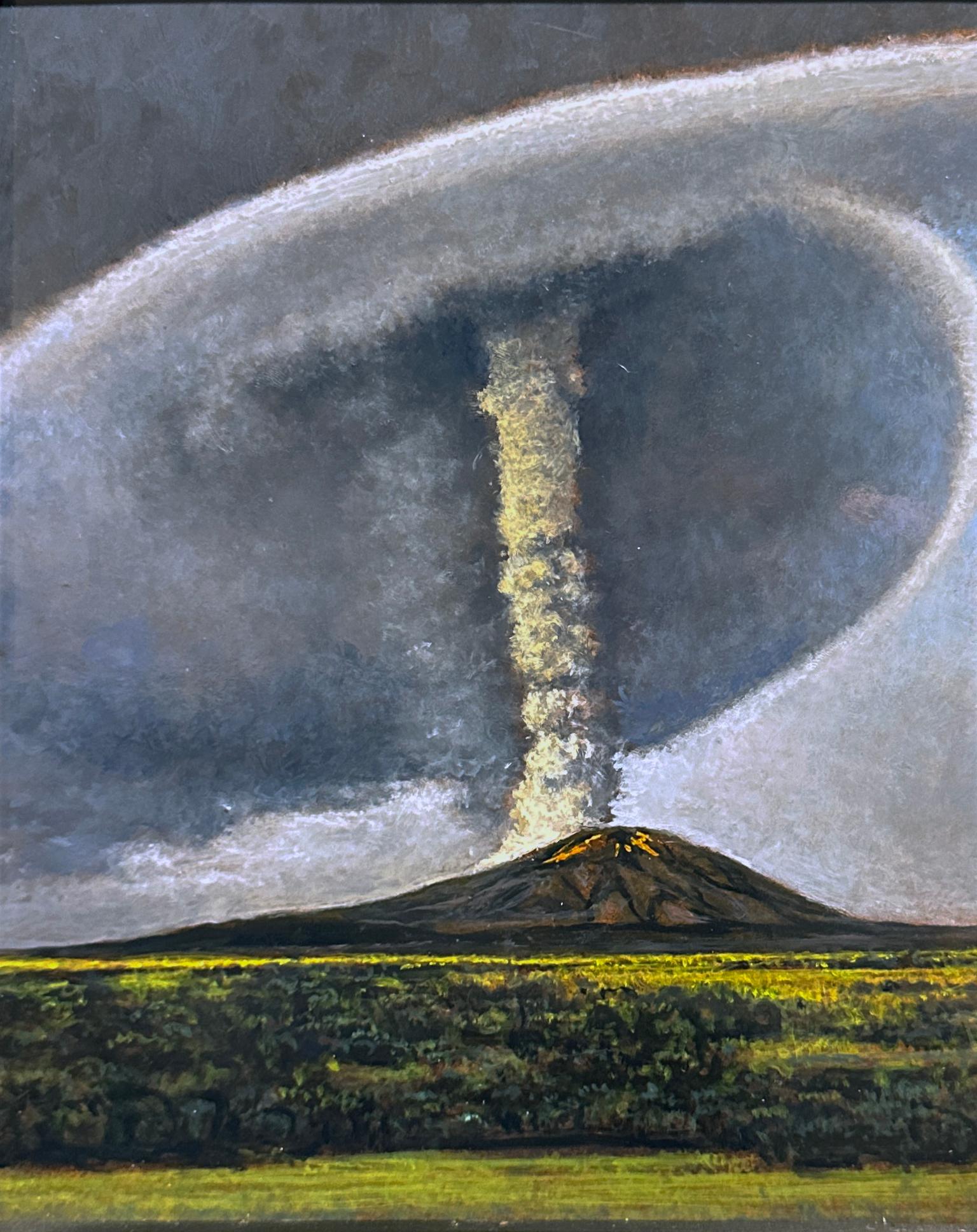 Peinture à l'huile encadrée - Volcan érupteur avec nuage de frêne tourbillonnant en vente 2