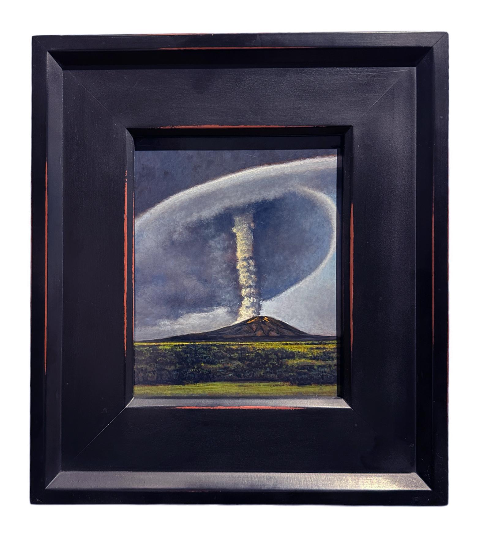 Volcano – Brennender Vulkan mit wirbelnder Wolke aus Esche, gerahmtes Ölgemälde – Painting von Jeff Aeling