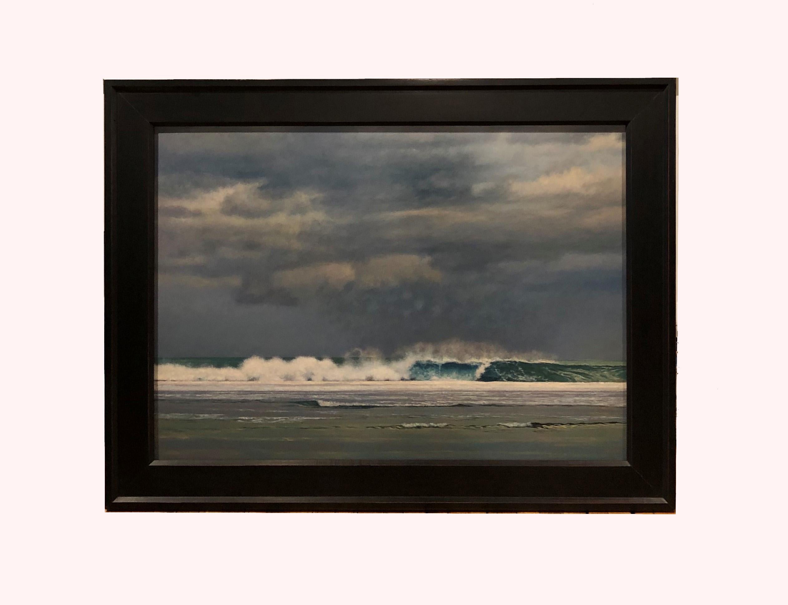 Wave Breaking on the Reef - Ölgemälde, grün, grau und blauer Ozean mit Sturm (Zeitgenössisch), Painting, von Jeff Aeling