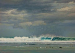 Peinture à l'huile, océan vert, gris et bleu avec tempête brisant sur le rivage