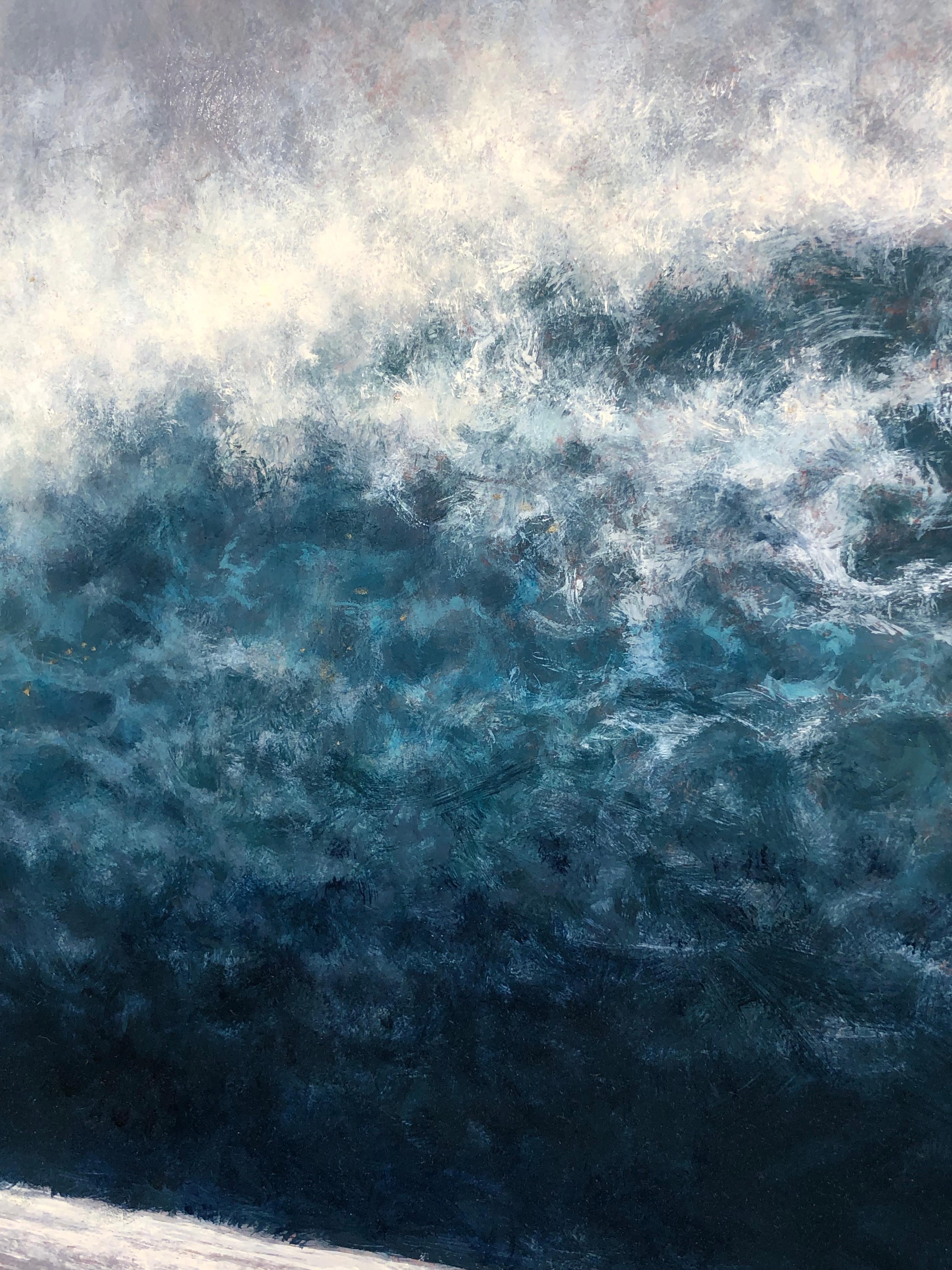 Wave Wave, Kauai – Öl auf Tafel, Gemälde in blauem Türkis, weißem Meeresschaum und grauem Grau im Angebot 6