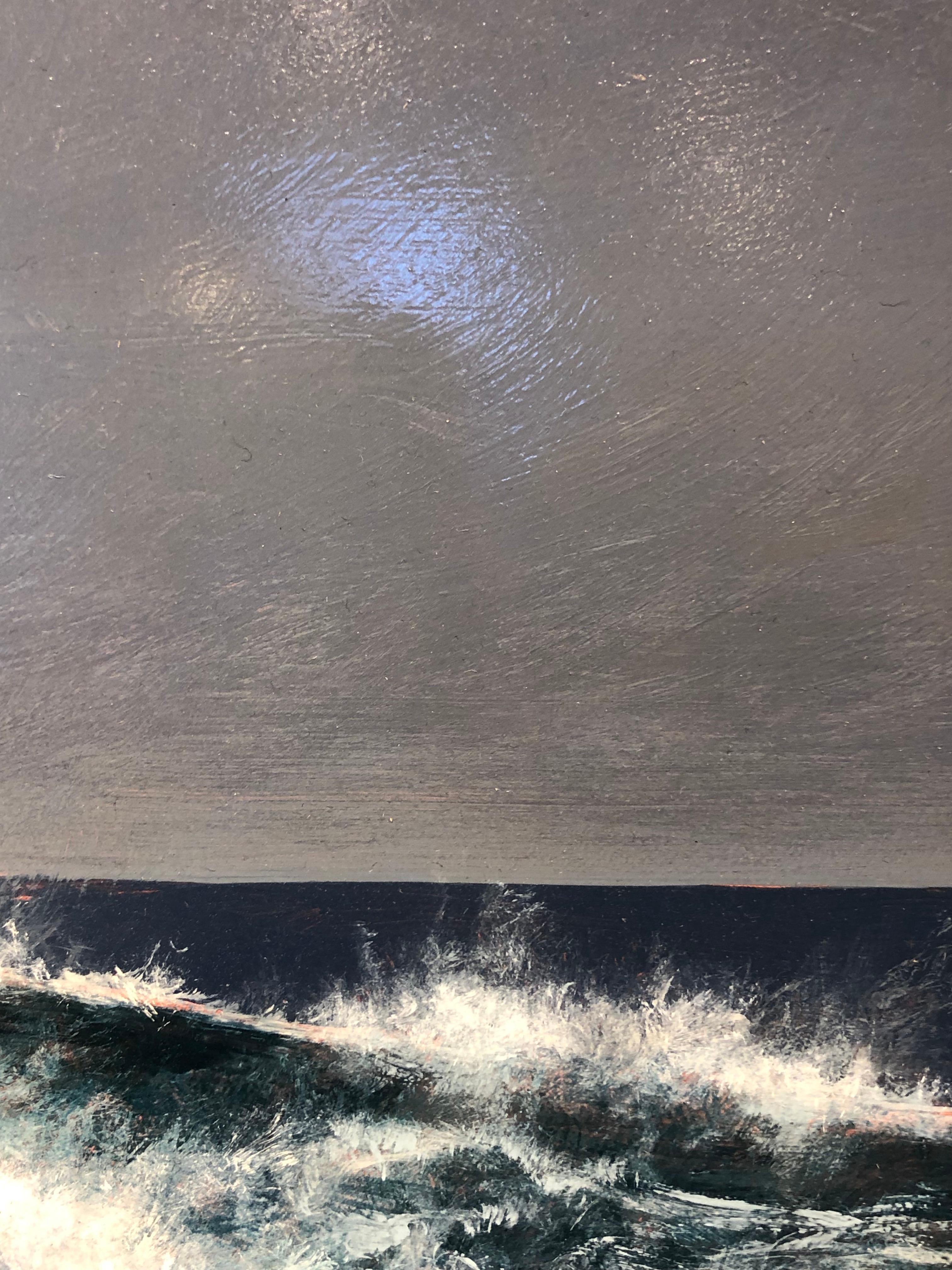 Wave Wave, Kauai – Öl auf Tafel, Gemälde in blauem Türkis, weißem Meeresschaum und grauem Grau im Angebot 7