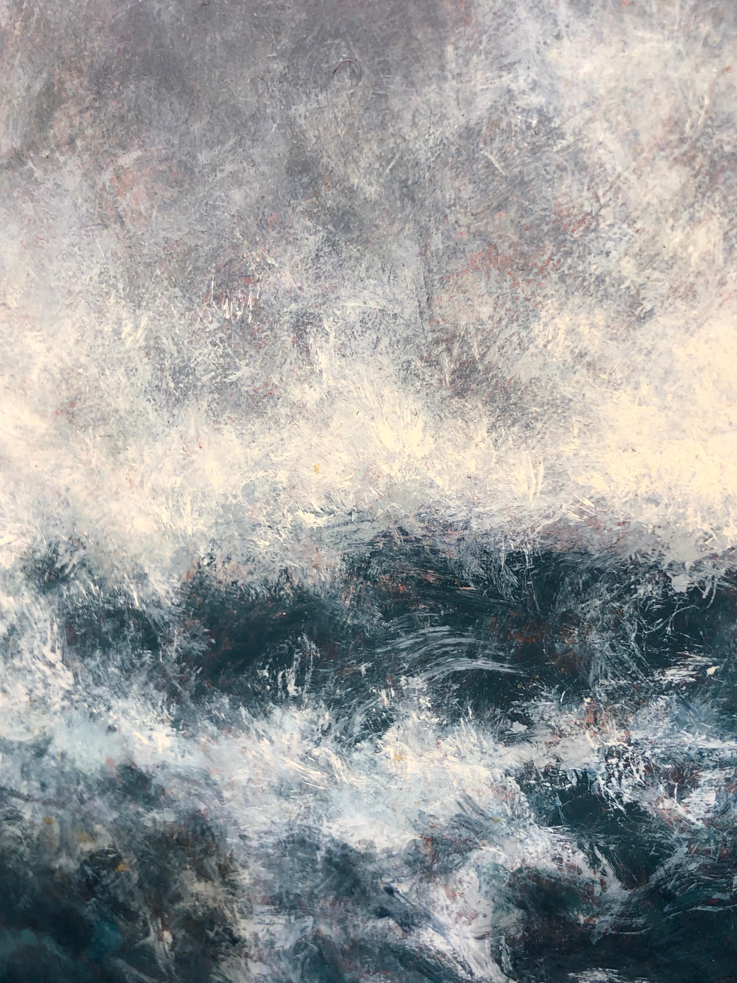 Wave Wave, Kauai – Öl auf Tafel, Gemälde in blauem Türkis, weißem Meeresschaum und grauem Grau im Angebot 8