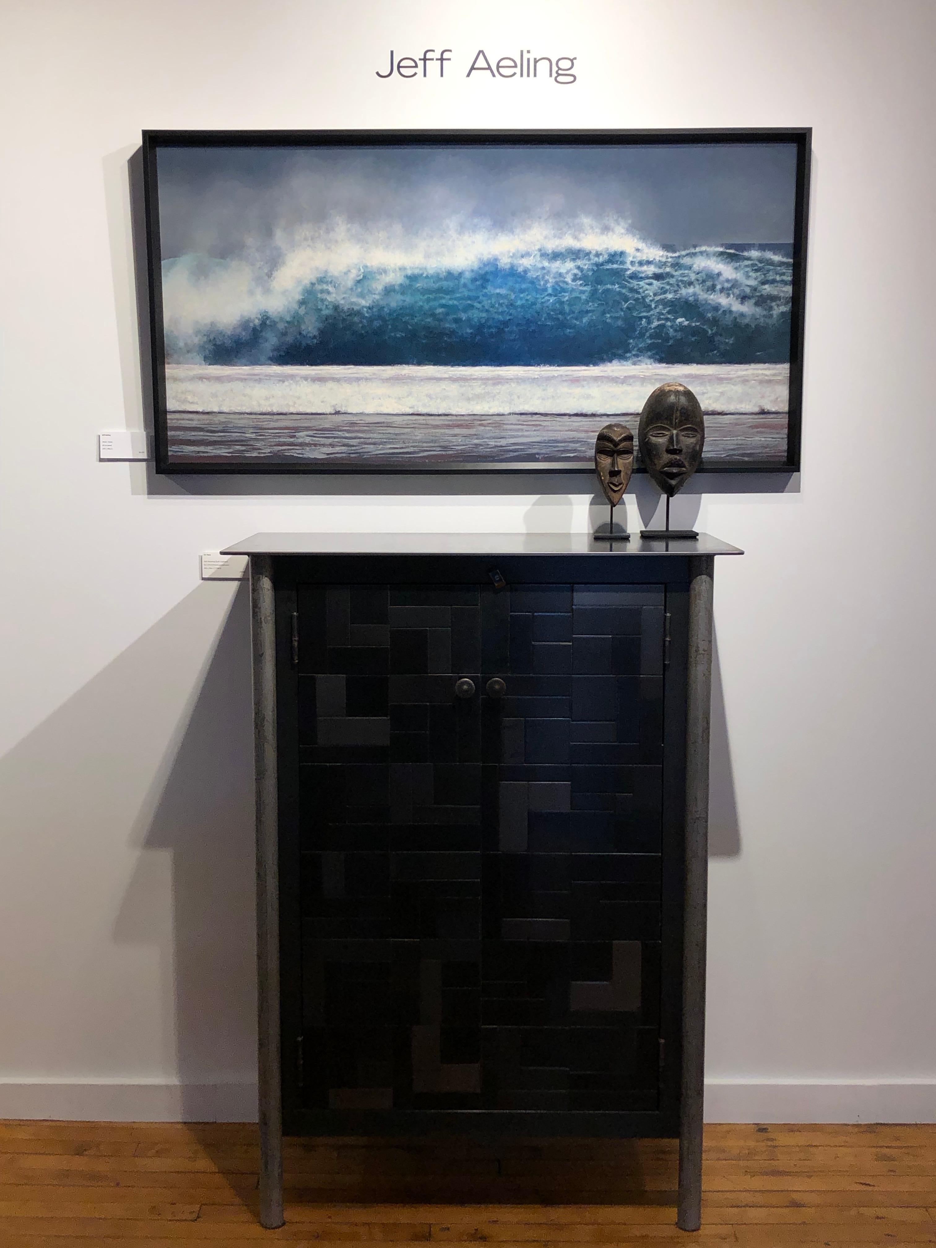 Ola, Kauai - Pintura al óleo sobre tabla en azul turquesa, blanco espuma de mar y gris - Painting de Jeff Aeling