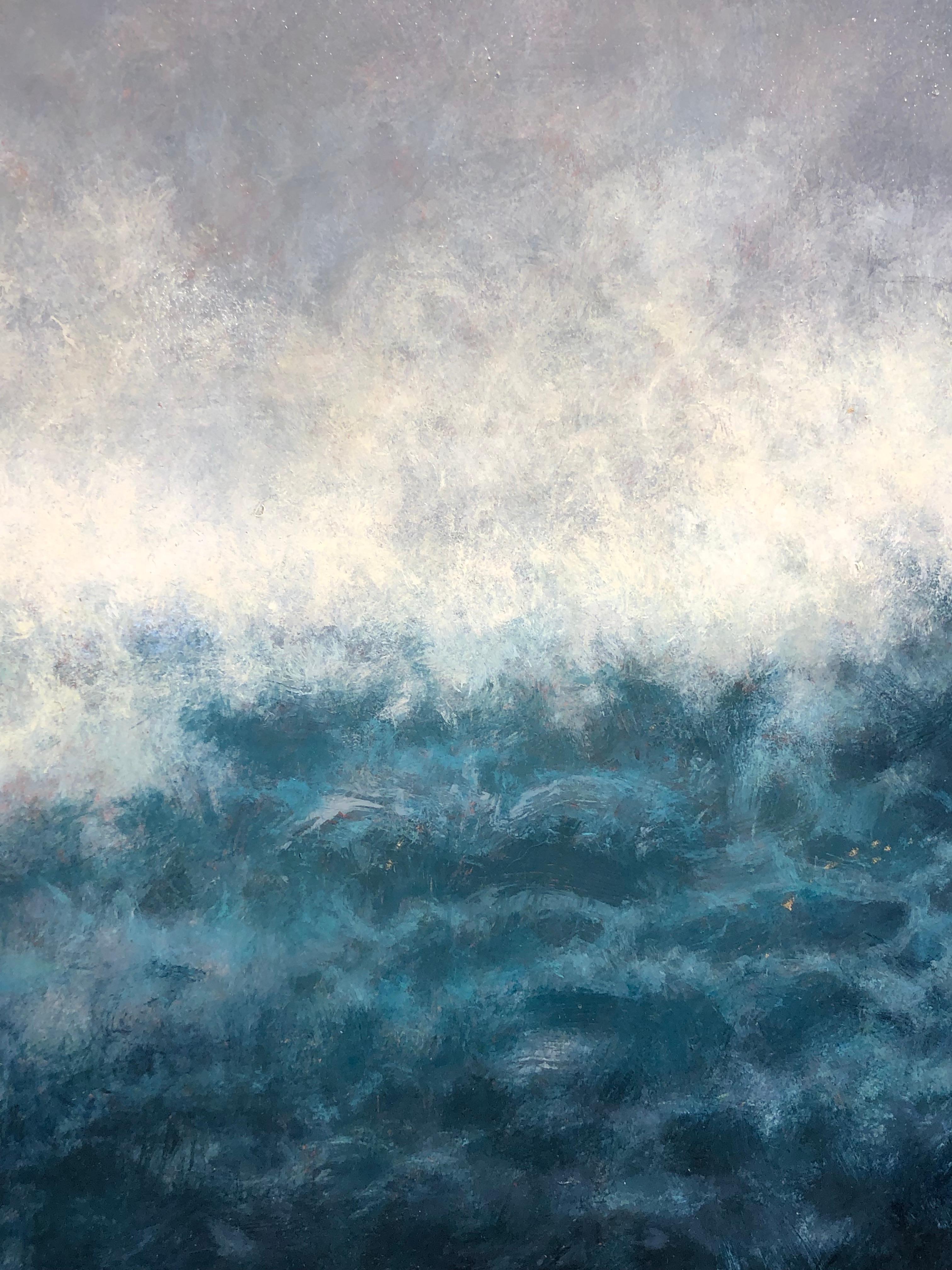 Dramatic and beautiful, this painting captures the power of the ocean in photorealist detail.  The artwork is actually loosely painted in brushy active strokes which give the effect of movement.  The blue turquoise water appears translucent and back