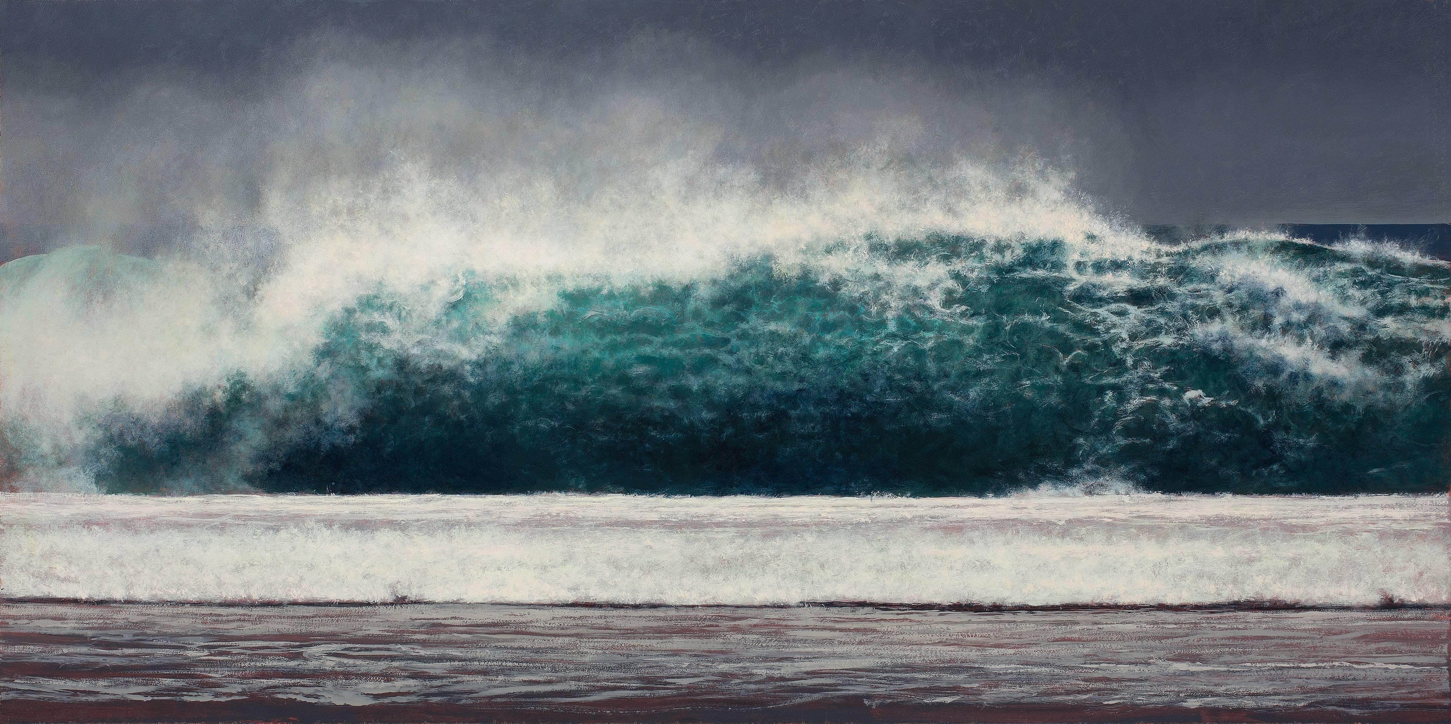 Jeff Aeling Landscape Painting – Wave Wave, Kauai – Öl auf Tafel, Gemälde in blauem Türkis, weißem Meeresschaum und grauem Grau