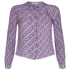 Jeff Banks 1970s Geometric Patterned Purple Blouse With Pussy Bow Collar