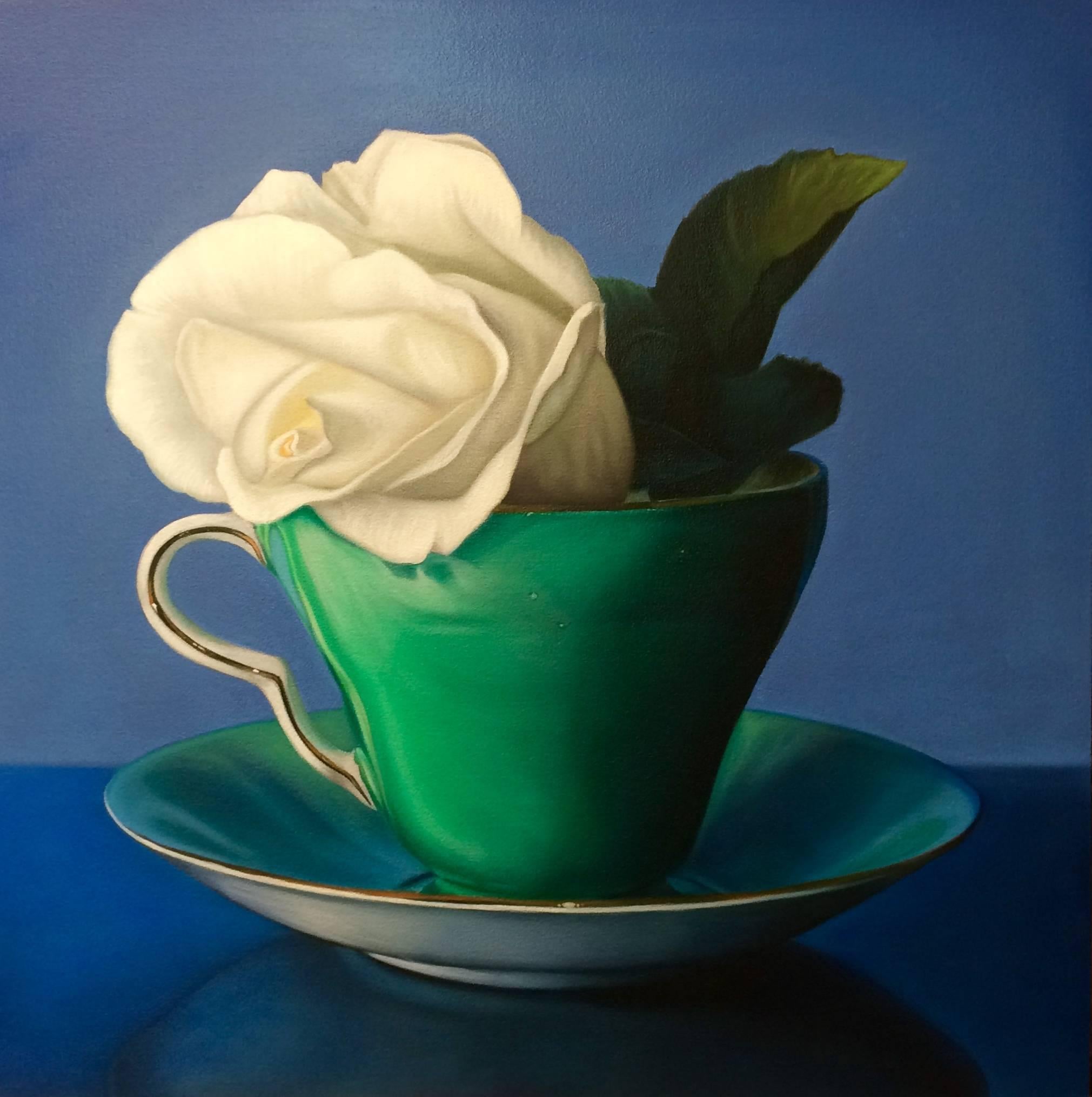 Jeff Chester Still-Life Painting - Eleanor, Realist style Oil painting with rose and teacup, green background