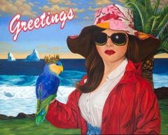 Greetings by Jeff Chester, Oil on Canvas, Pop Realism with Woman and Parrot