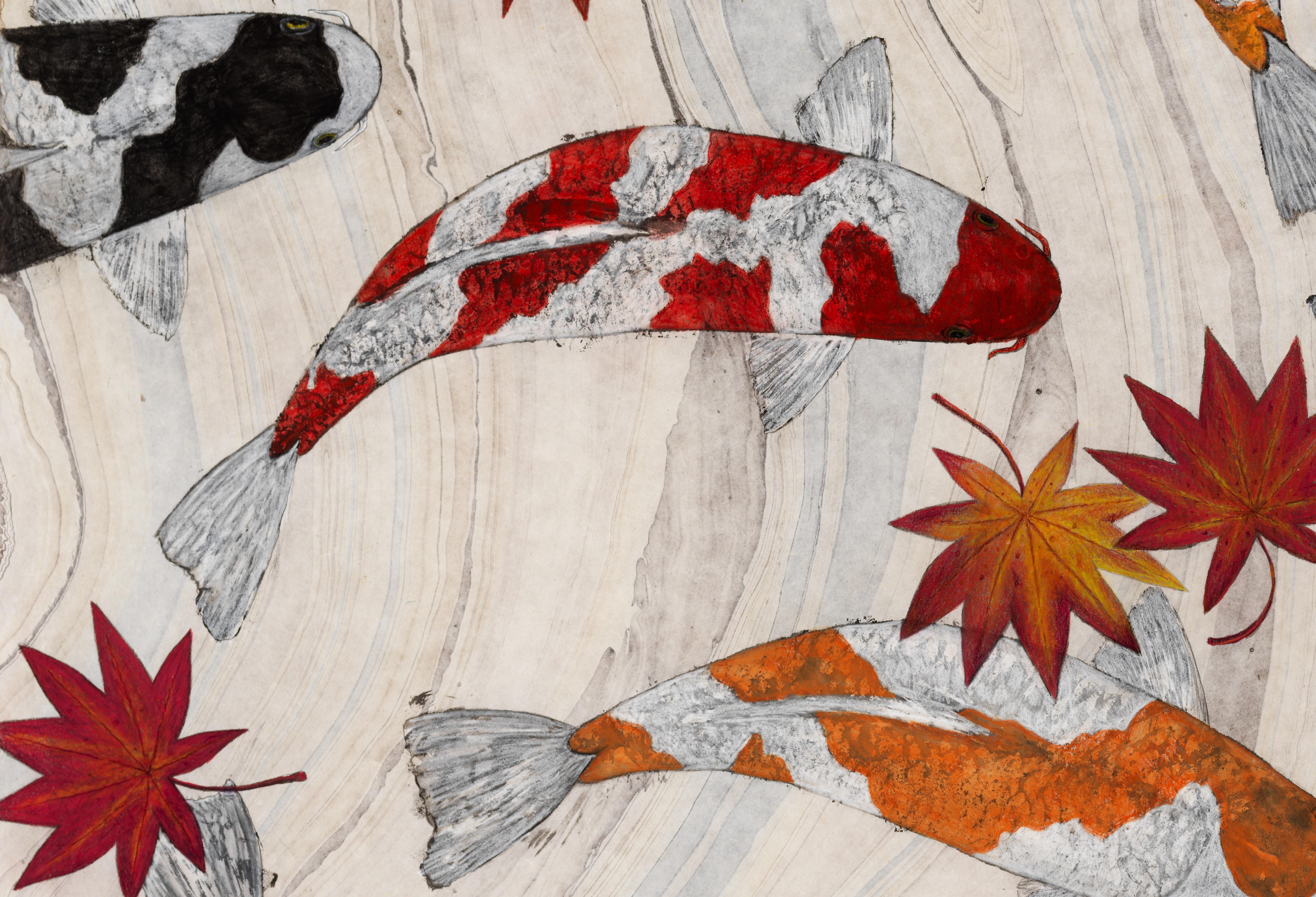 Herbst Cotilion – Gyotaku-Gemälde im japanischen Stil auf marmoriertem Maulbeerbaumpapier – Art von Jeff Conroy