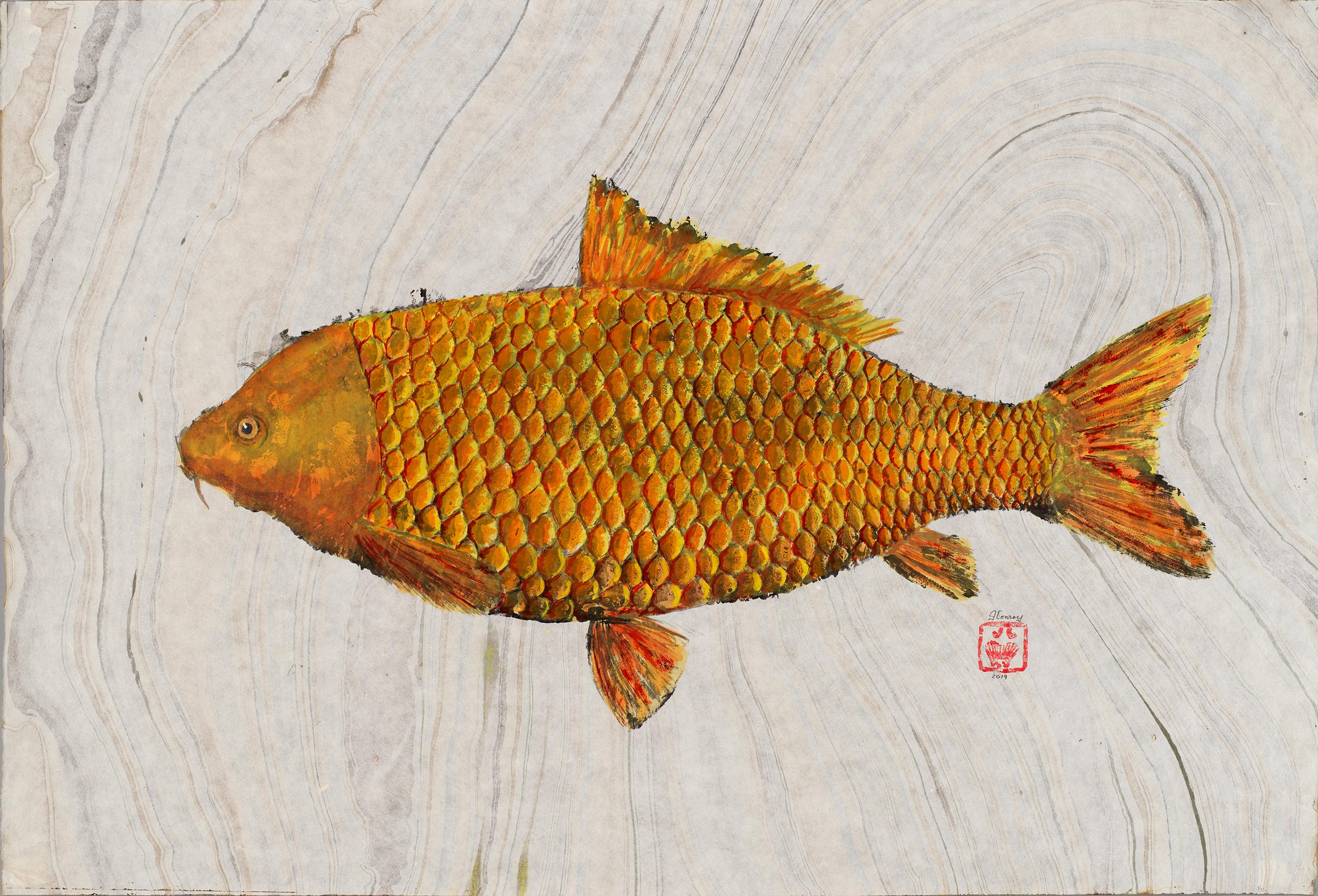 Jeff Conroy Animal Painting - Big Ass Goldfish, Japanese Style Gyotaku Fish Painting in Blue on Mulberry Paper