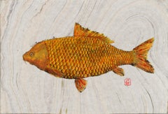 Big Ass Goldfish, Japanese Style Gyotaku Fish Painting in Blue on Mulberry Paper