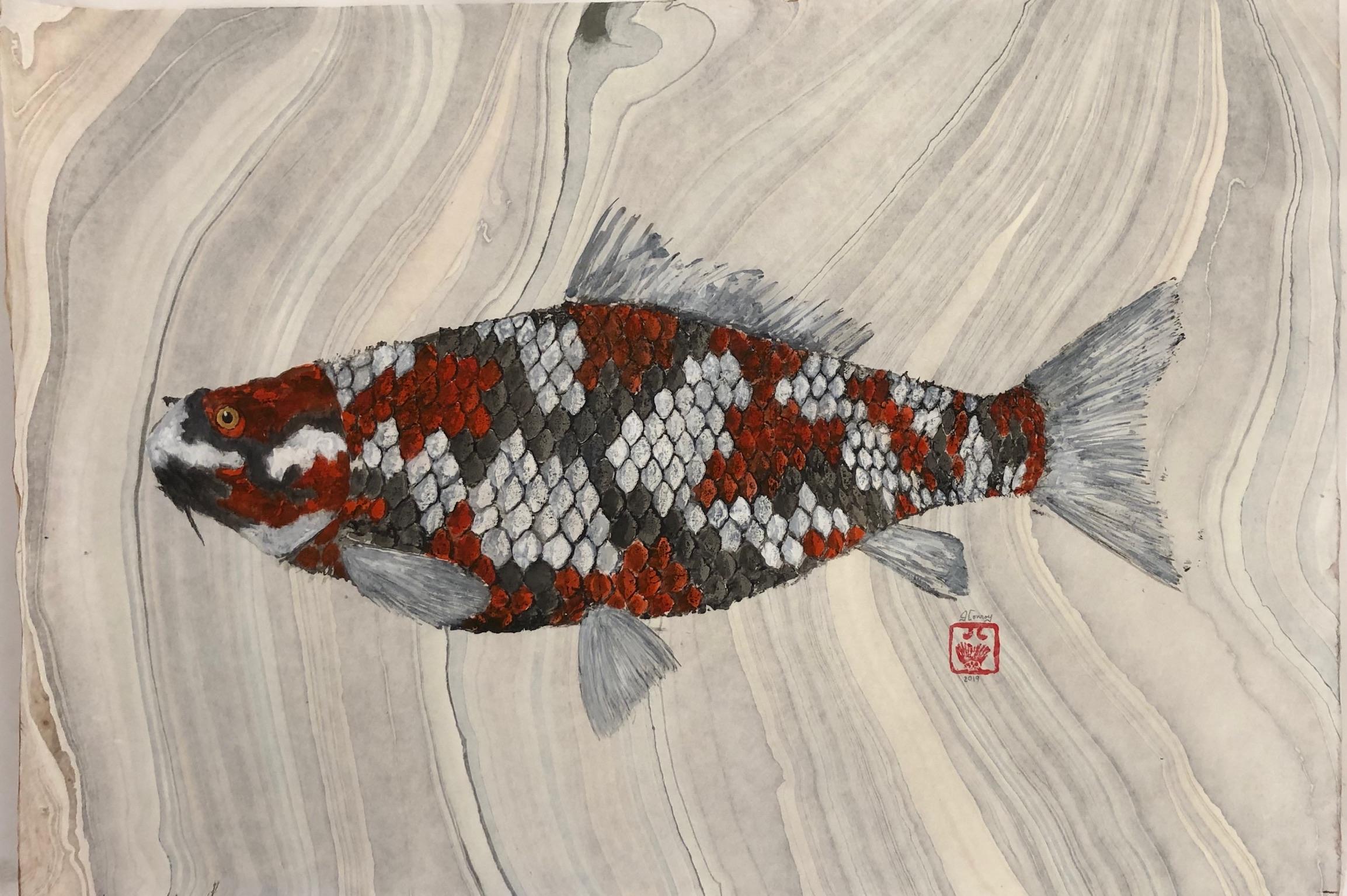 Jeff Conroy Animal Painting - Big Boi Koi II, Japanese Style Gyotaku Fish Painting on Mulberry Paper, Sumi Ink