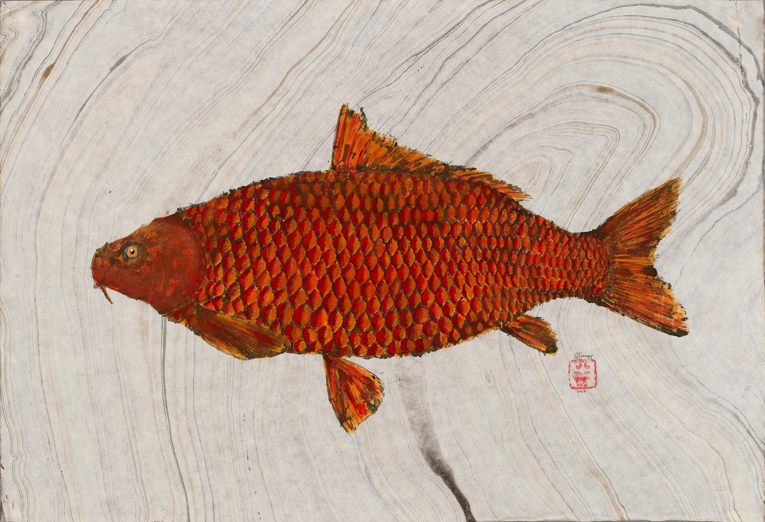 Jeff Conroy Animal Art - Big Red, Japanese Style Gyotaku Fish Painting on Mulberry Paper