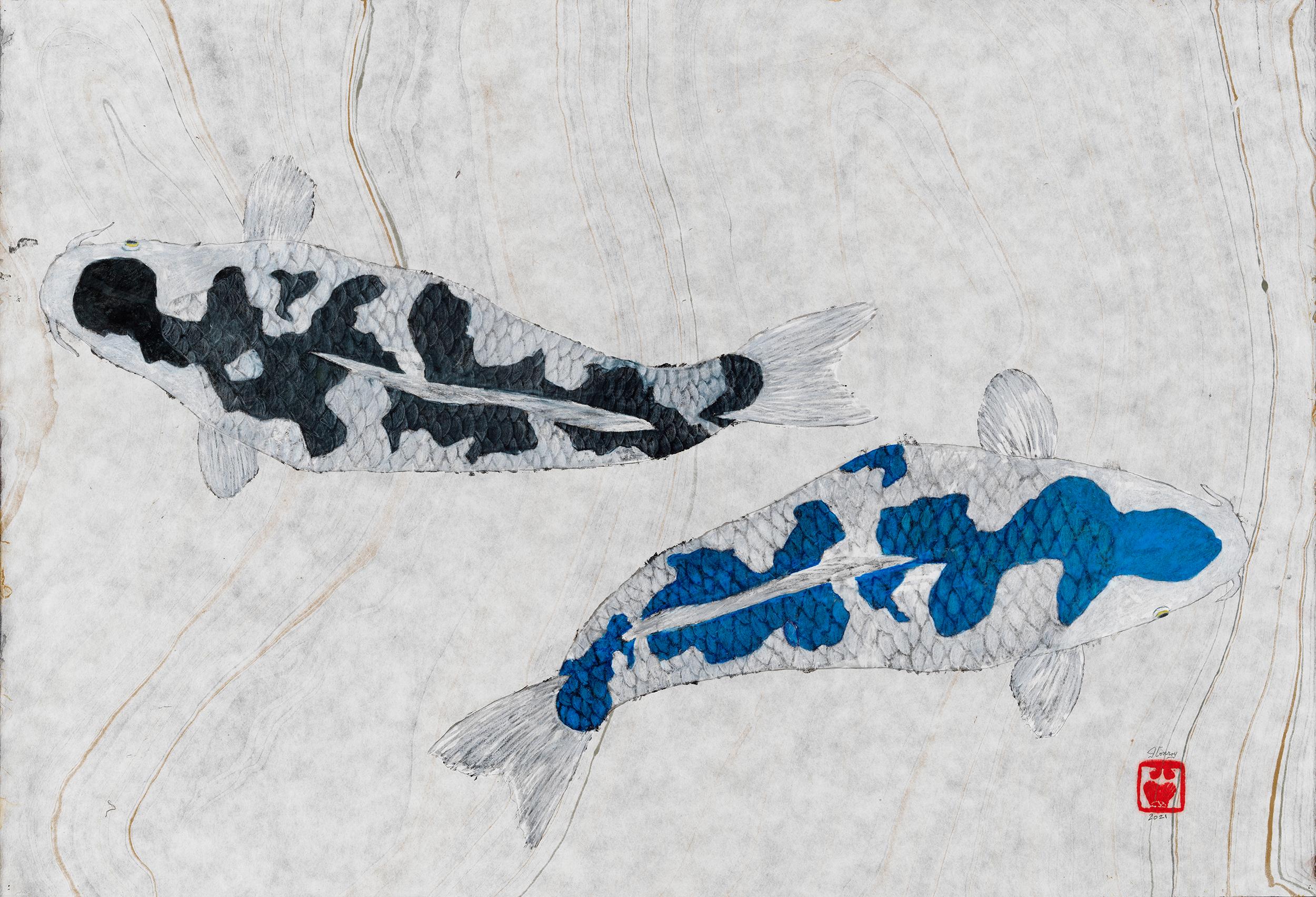 Black and Blue, Japanese Gyotaku Painting of Two Koi on Marbled Mulberry Paper
