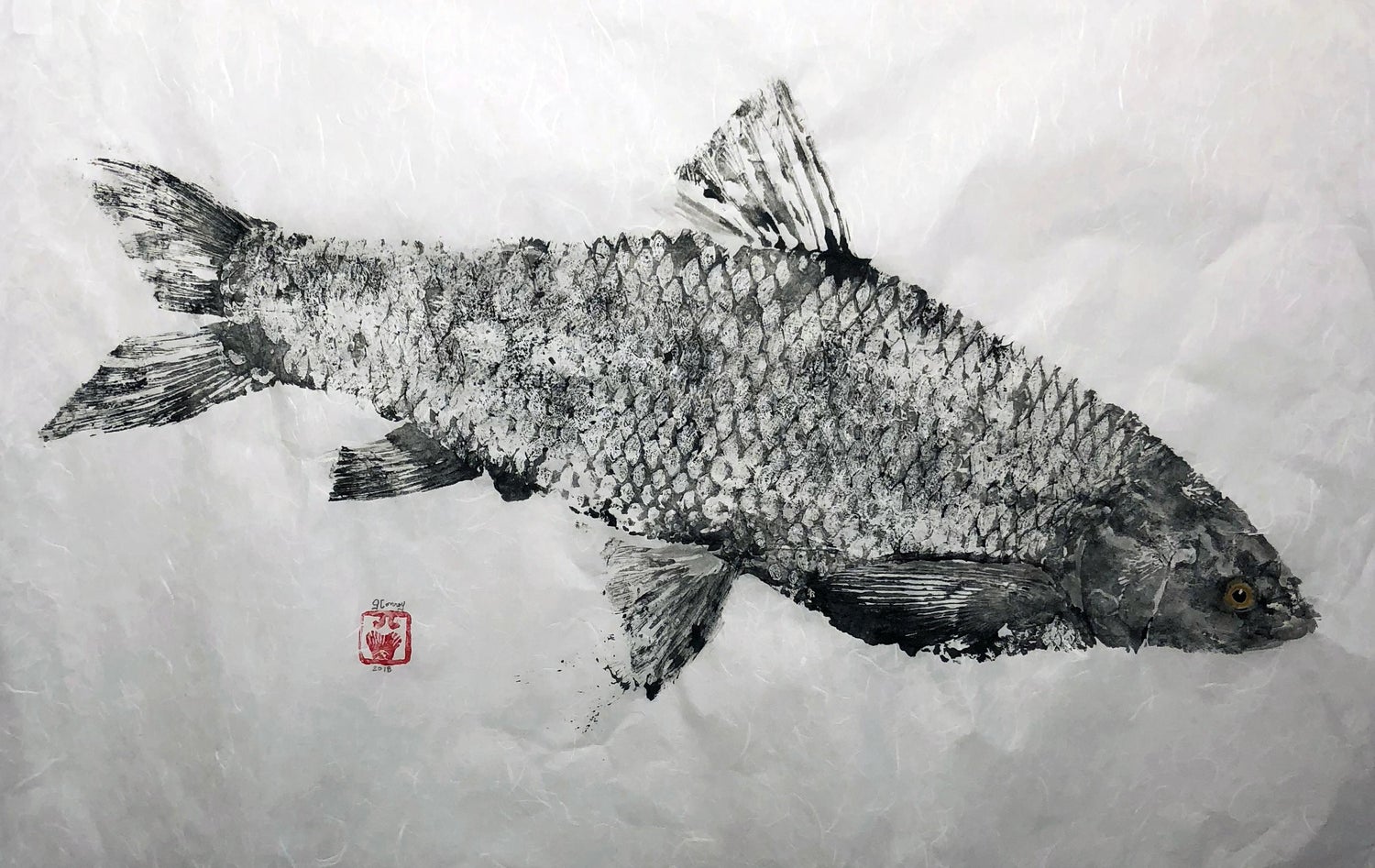 Jeff Conroy Black Grassie Yellow Eye Japanese Style Gyotaku