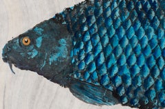 Blue Behemoth - Japanese Style Gyotaku Fish Painting in Blue on Mulberry Paper