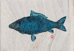 Blue Behemoth - Japanese Style Gyotaku Fish Painting in Blue on Mulberry Paper