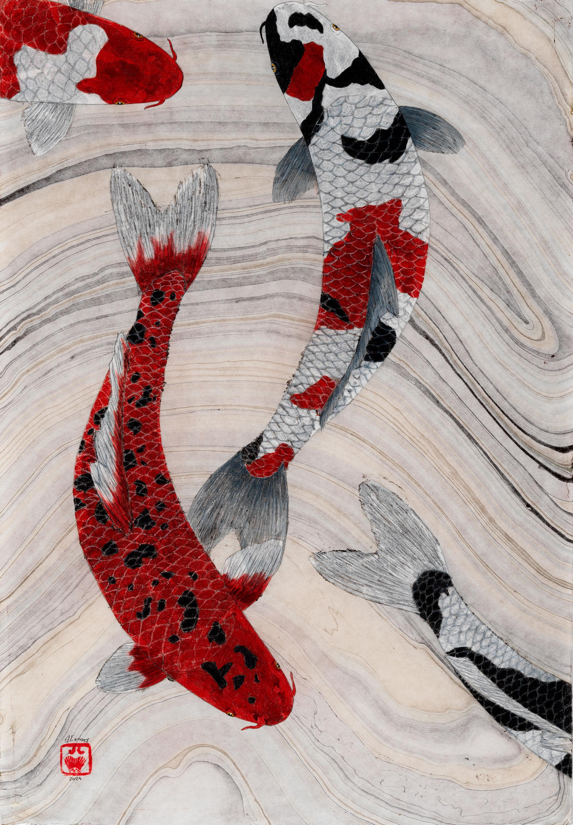 Congregazione - Pittura Gyotaku di Koi in stile giapponese su carta di gelso marmorizzata - Art di Jeff Conroy