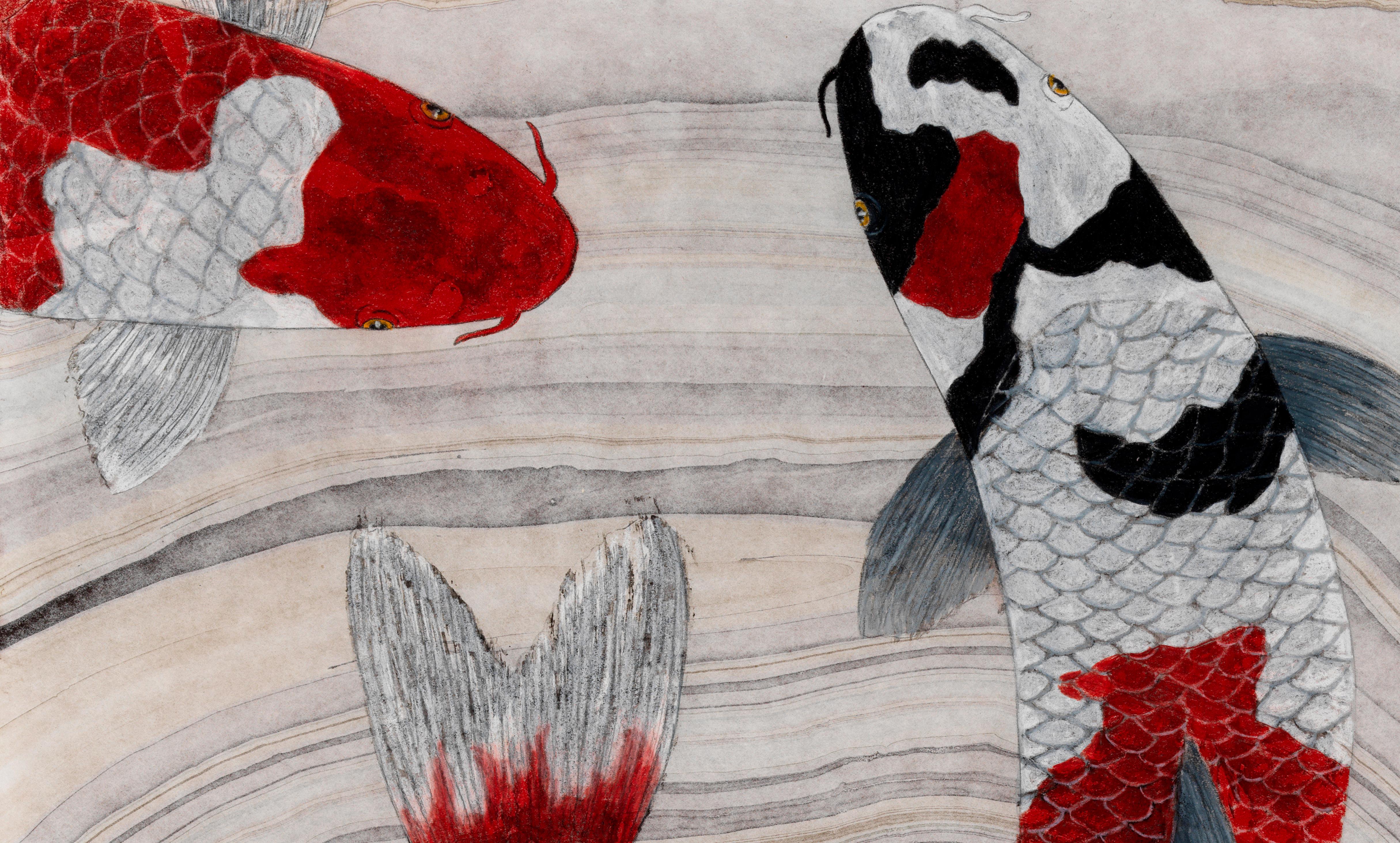 Congregazione - Pittura Gyotaku di Koi in stile giapponese su carta di gelso marmorizzata - Art Contemporaneo di Jeff Conroy
