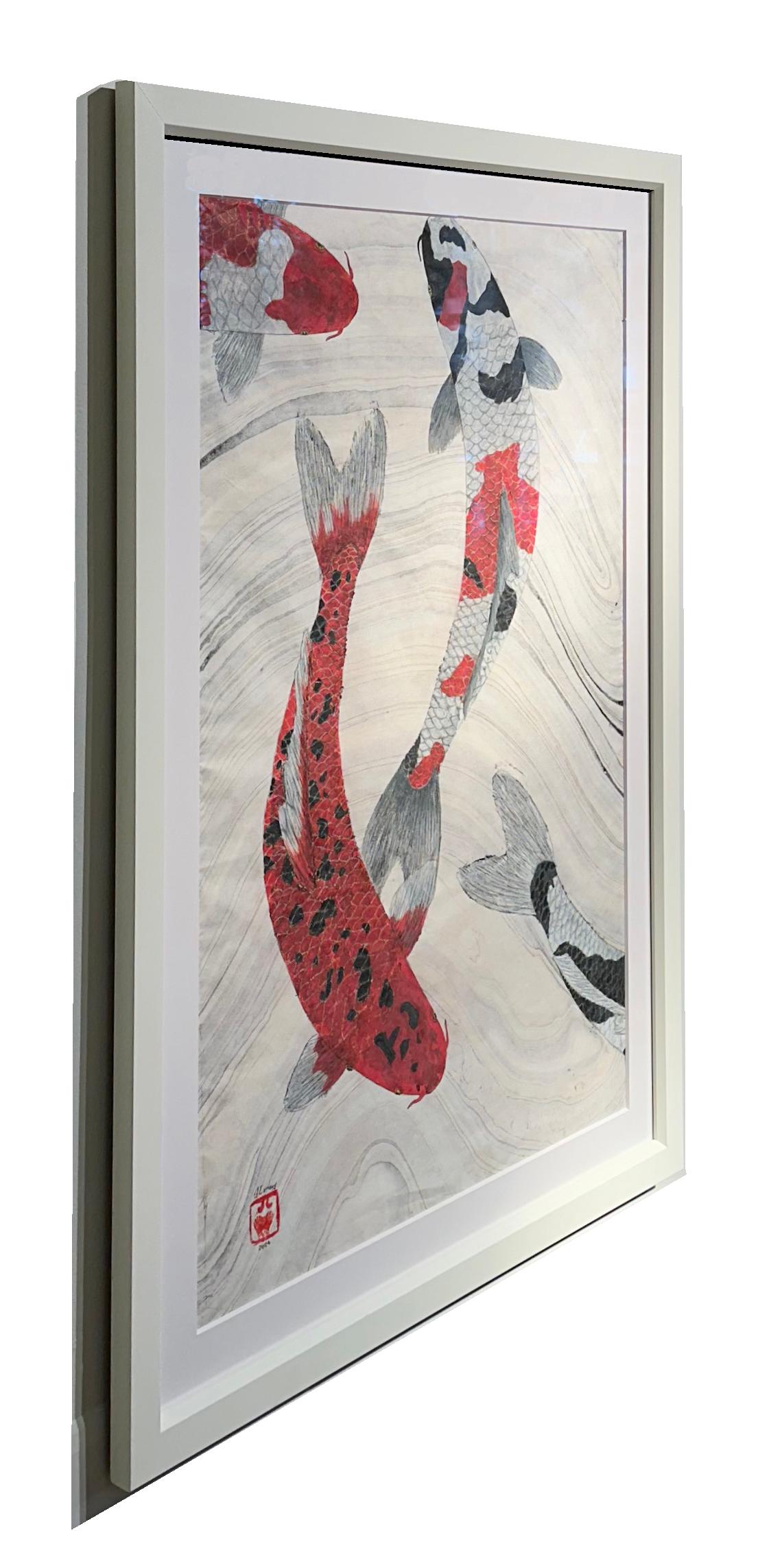 Congregazione - Pittura Gyotaku di Koi in stile giapponese su carta di gelso marmorizzata in vendita 1