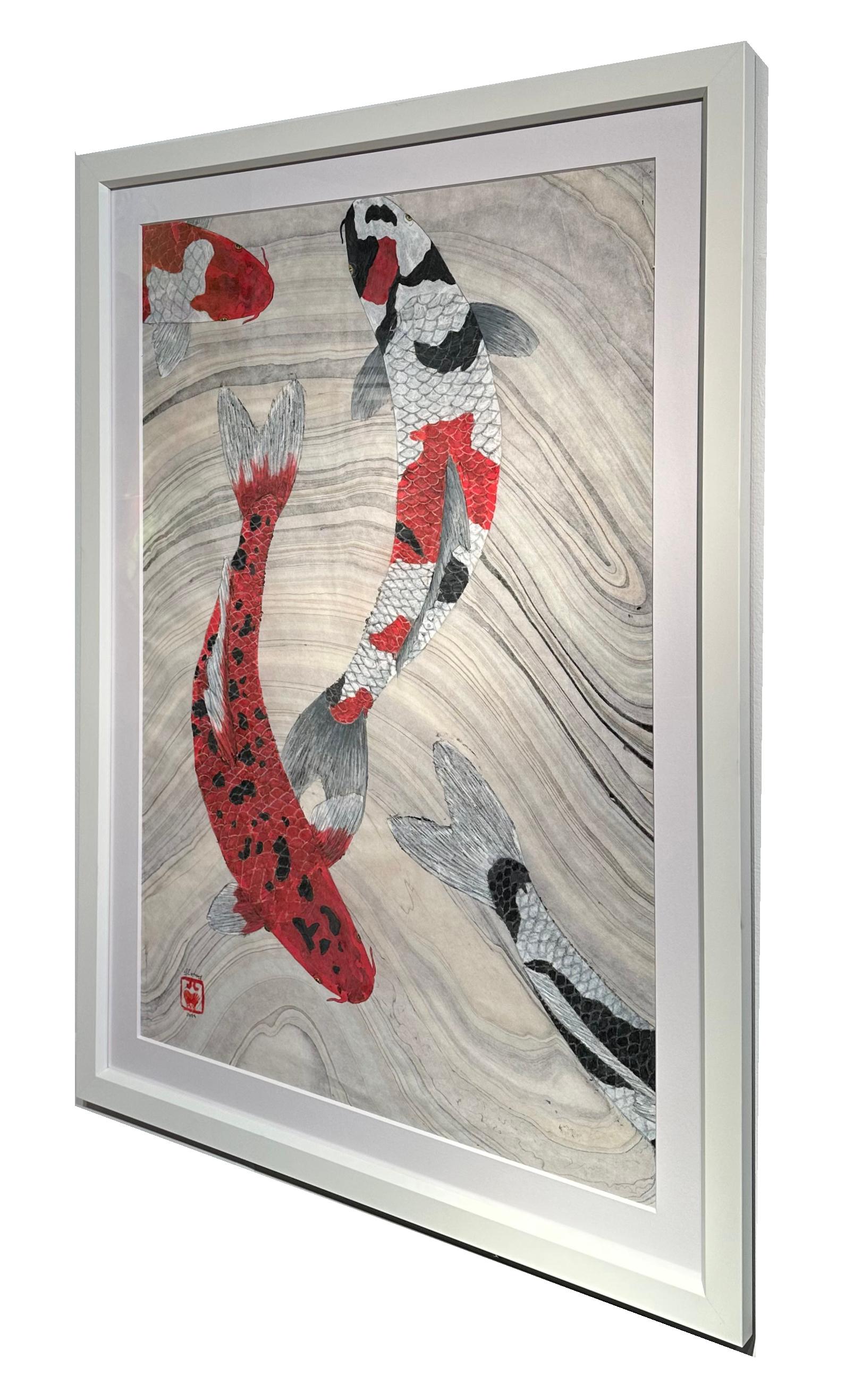 Congregazione - Pittura Gyotaku di Koi in stile giapponese su carta di gelso marmorizzata in vendita 2