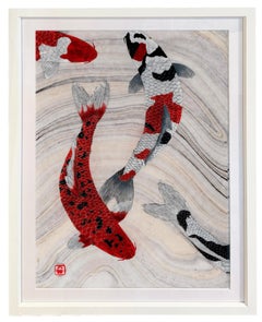 Congregazione - Pittura Gyotaku di Koi in stile giapponese su carta di gelso marmorizzata