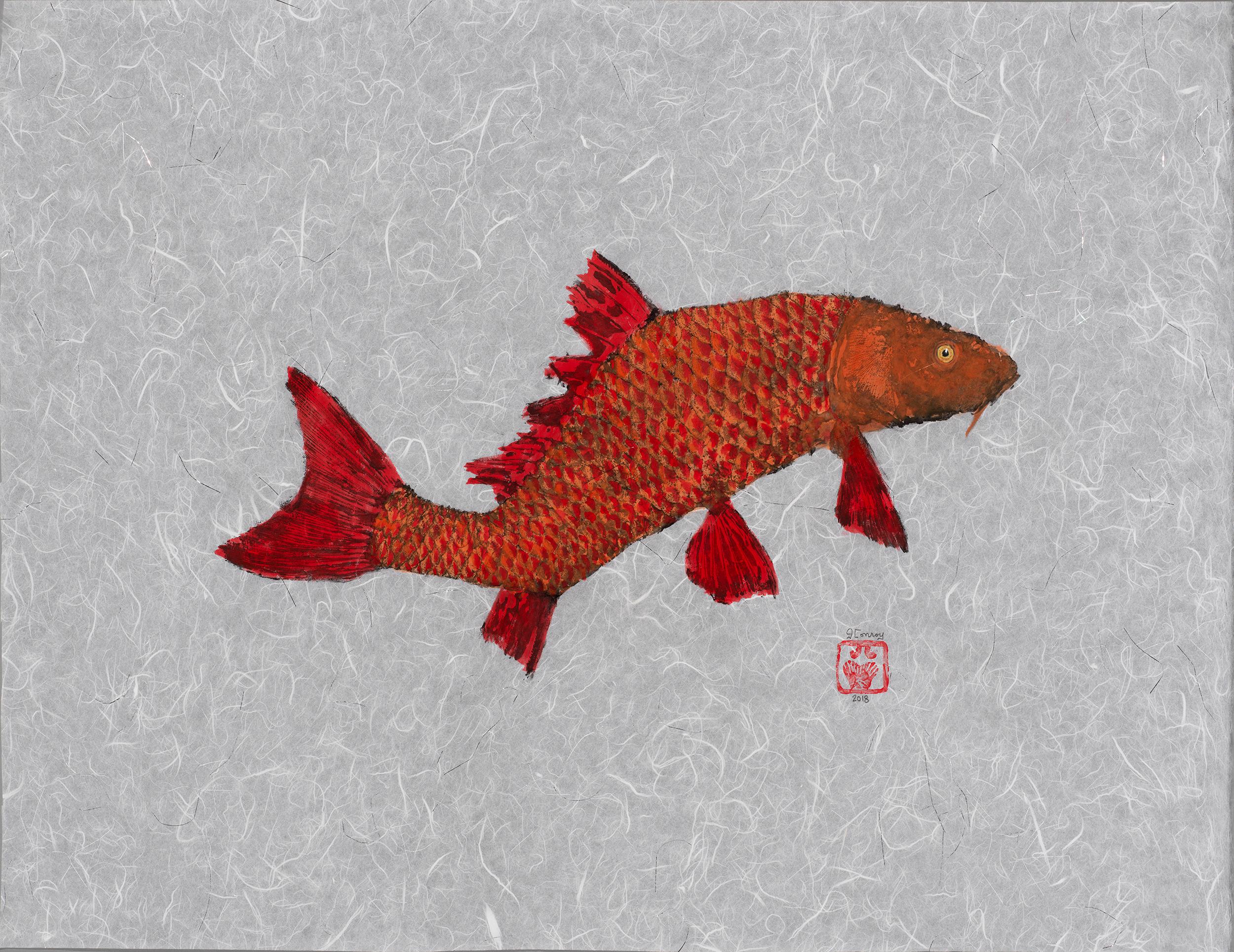 Crooked Carp - Japanese Style Gyotaku Painting of Red Fish on Mulberry Paper - Contemporary Art by Jeff Conroy