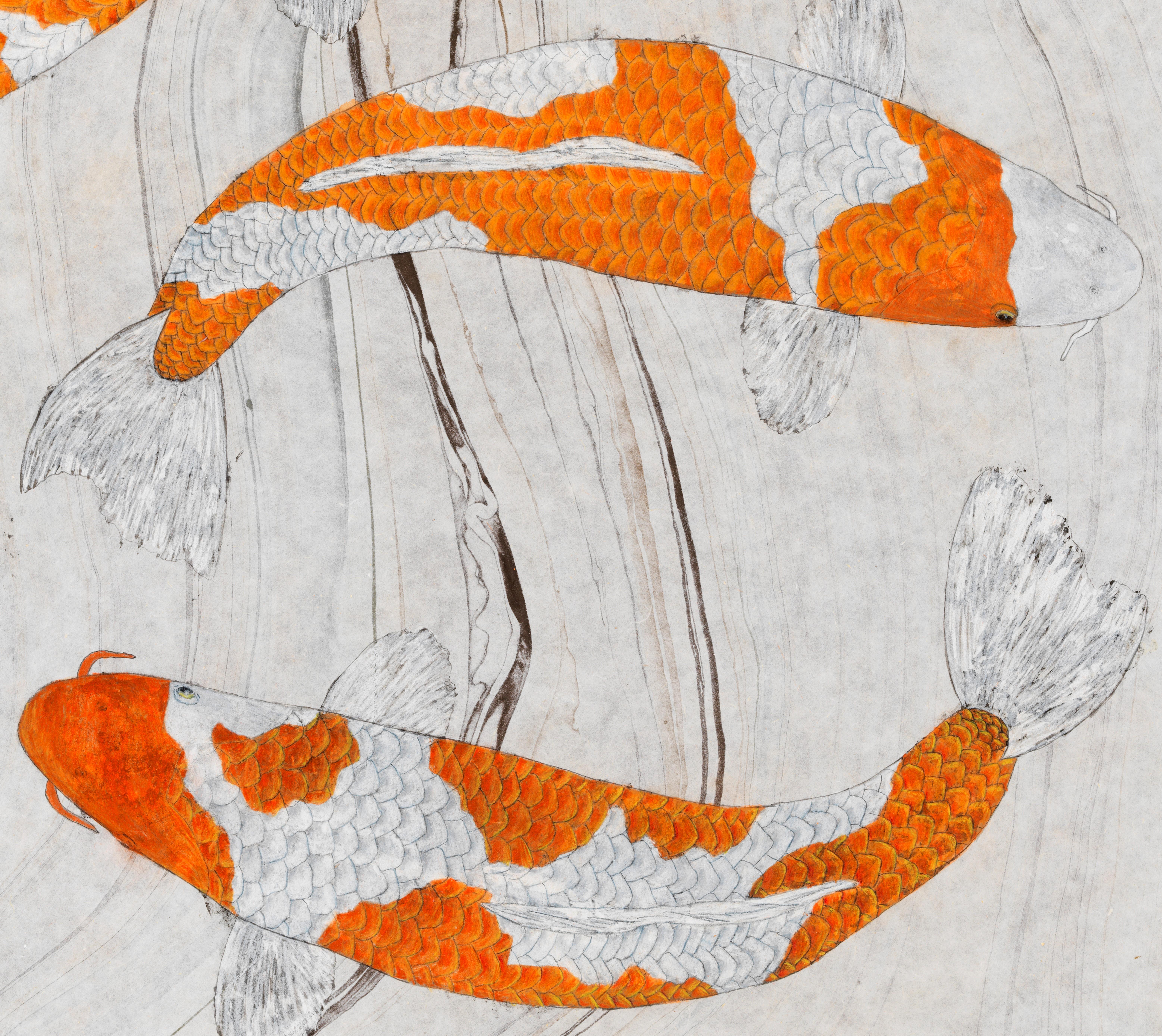 Kikusui - Japanisches Gyotaku-Gemälde eines orangefarbenen Koi auf marmoriertem Maulbeerpapier – Painting von Jeff Conroy