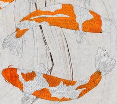 Kikusui - Quadro Gyotaku giapponese di Koi arancione su carta di gelso marmorizzata
