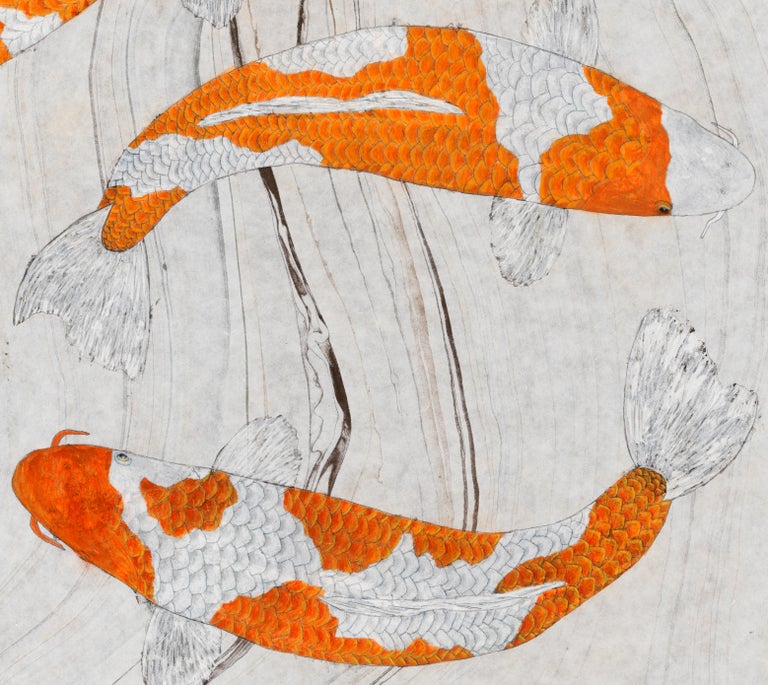 Kikusui - Japanese Gyotaku Painting of Orange Koi on Marbled Mulberry Paper - Gray Animal Painting by Jeff Conroy