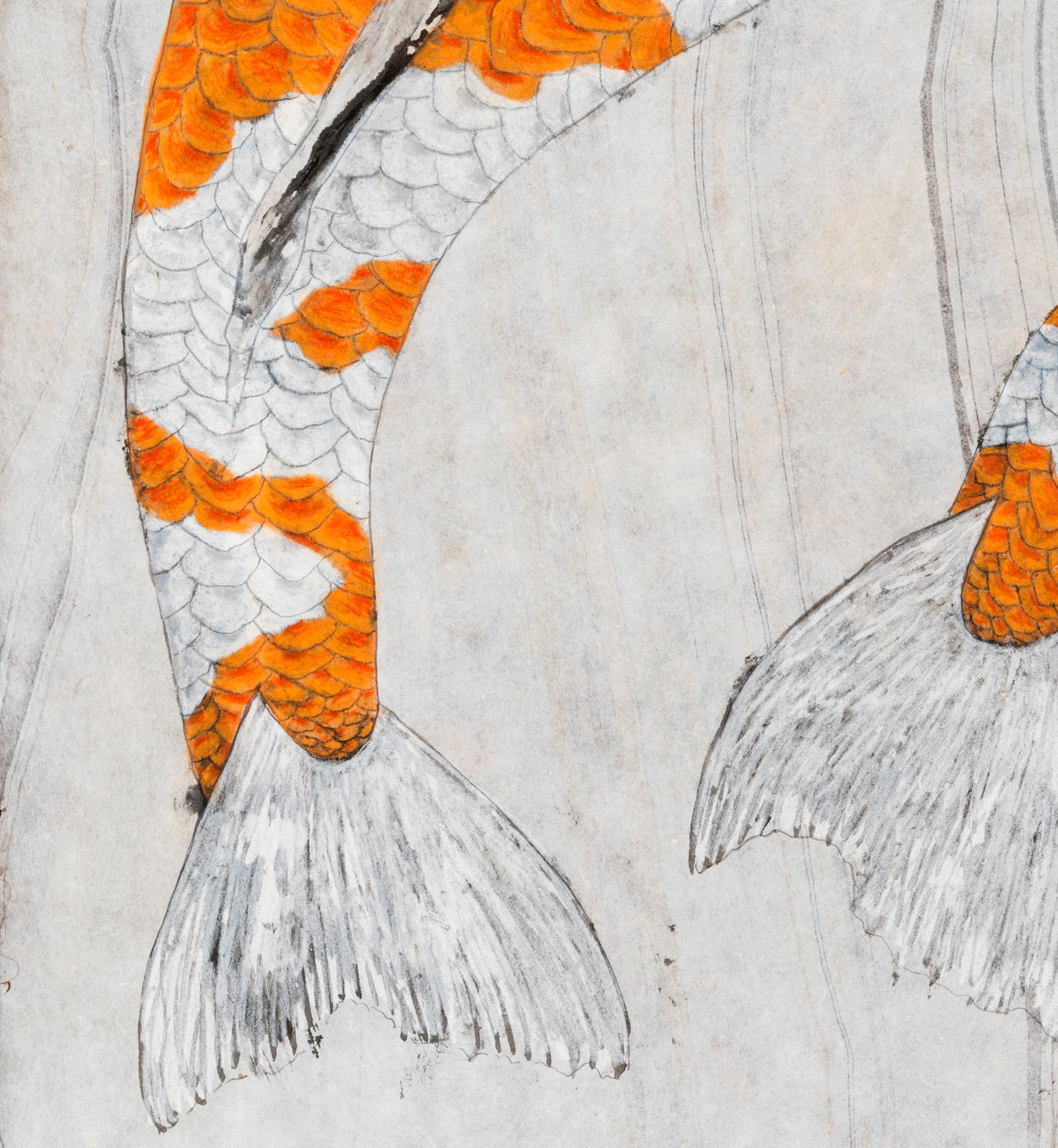 Kikusui - Peinture japonaise Gyotaku de Koi orange sur papier marbré mûrier - Contemporain Painting par Jeff Conroy