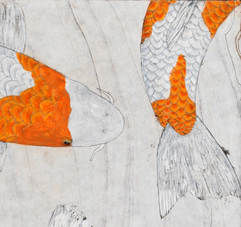 Kikusui - Japanese Gyotaku Painting of Orange Koi on Marbled Mulberry Paper For Sale 1