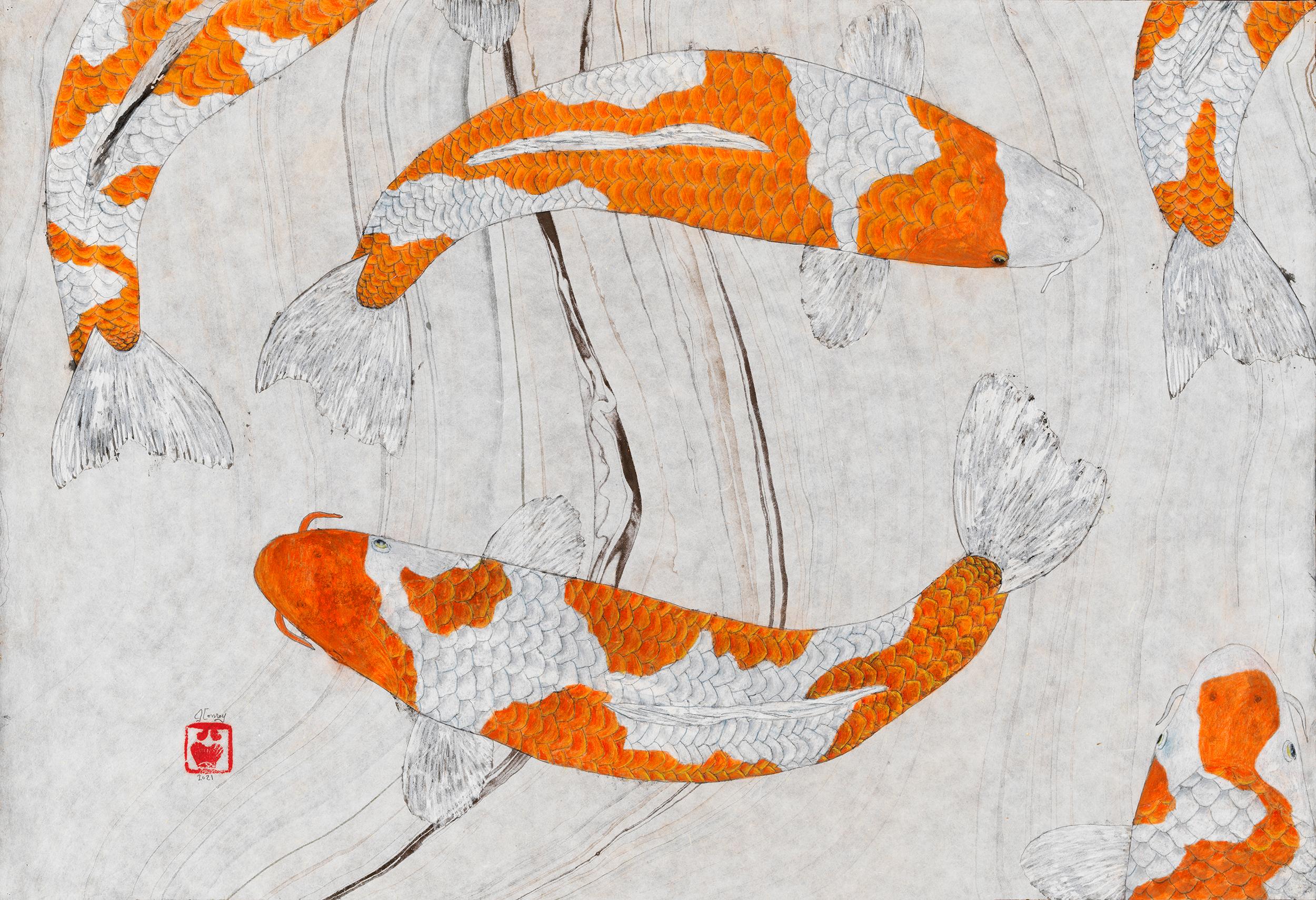 Kikusui - Japanese Gyotaku Painting of Orange Koi on Marbled Mulberry Paper