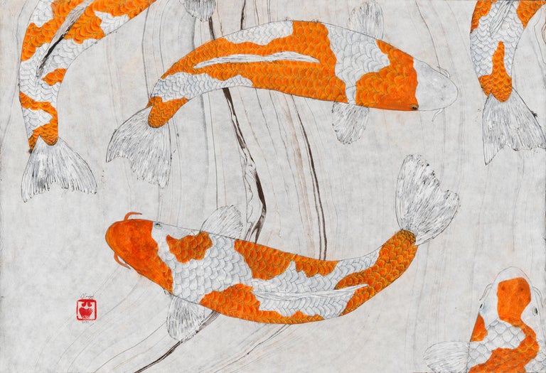 Jeff Conroy Animal Painting - Kikusui - Japanese Gyotaku Painting of Orange Koi on Marbled Mulberry Paper