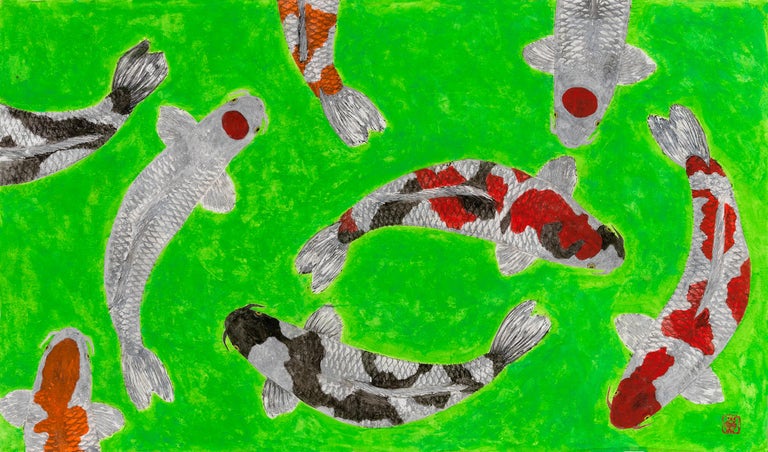 Jeff Conroy Animal Painting - Koi Pond Caucus - Japanese Style Gyotaku Painting on Archival Kraft Paper