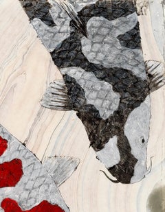 Koi Pond: Circling - Japanese Style Gyotaku Painting on Marbled Mulberry Paper