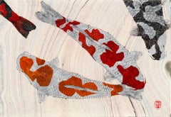 L'étang Koi : Circling - Peinture Gyotaku de style japonais sur papier Mulberry marbré