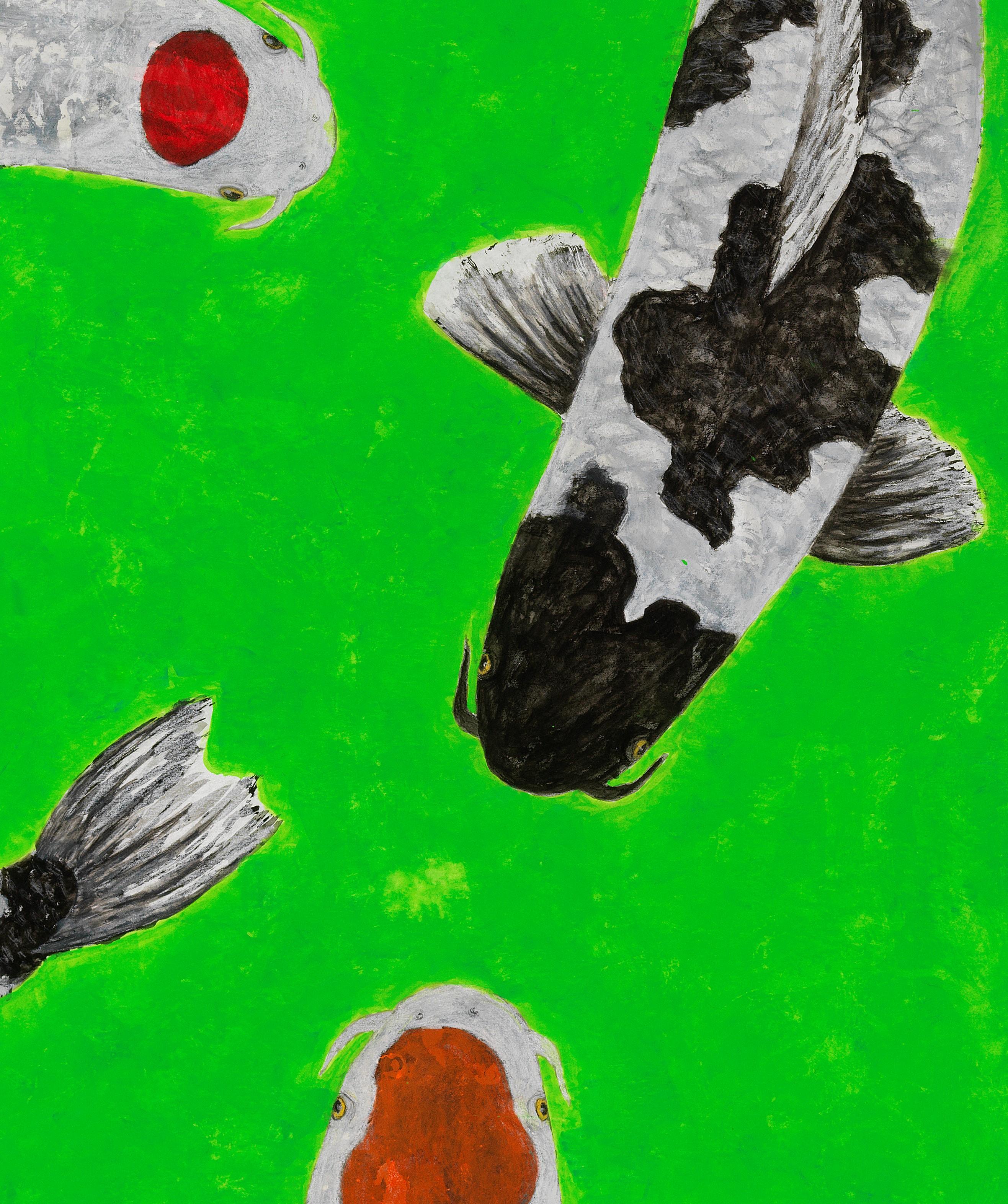Koi-Teichkonclave – Gyotaku-Gemälde im japanischen Stil auf Archivpapier (Grün), Animal Painting, von Jeff Conroy