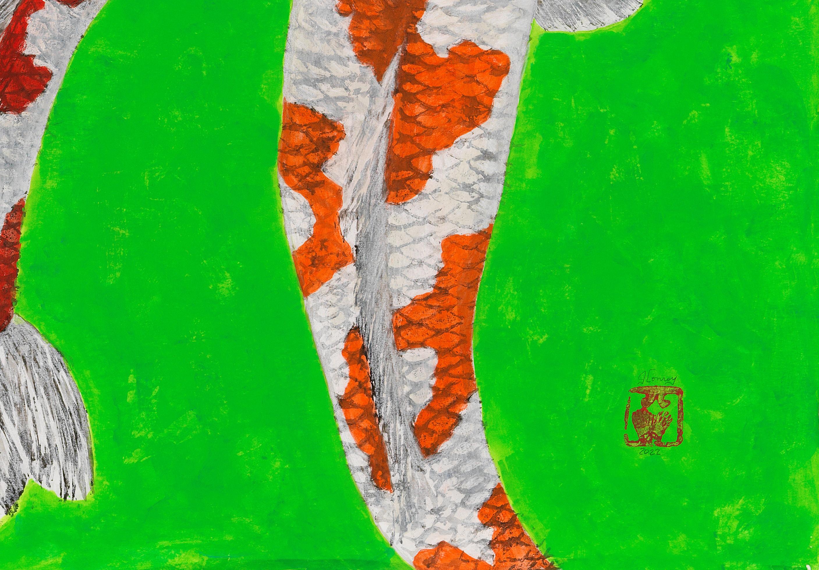 Koi Pond Conclave - Japanese Style Gyotaku Painting on Archival Kraft Paper - Green Animal Painting by Jeff Conroy