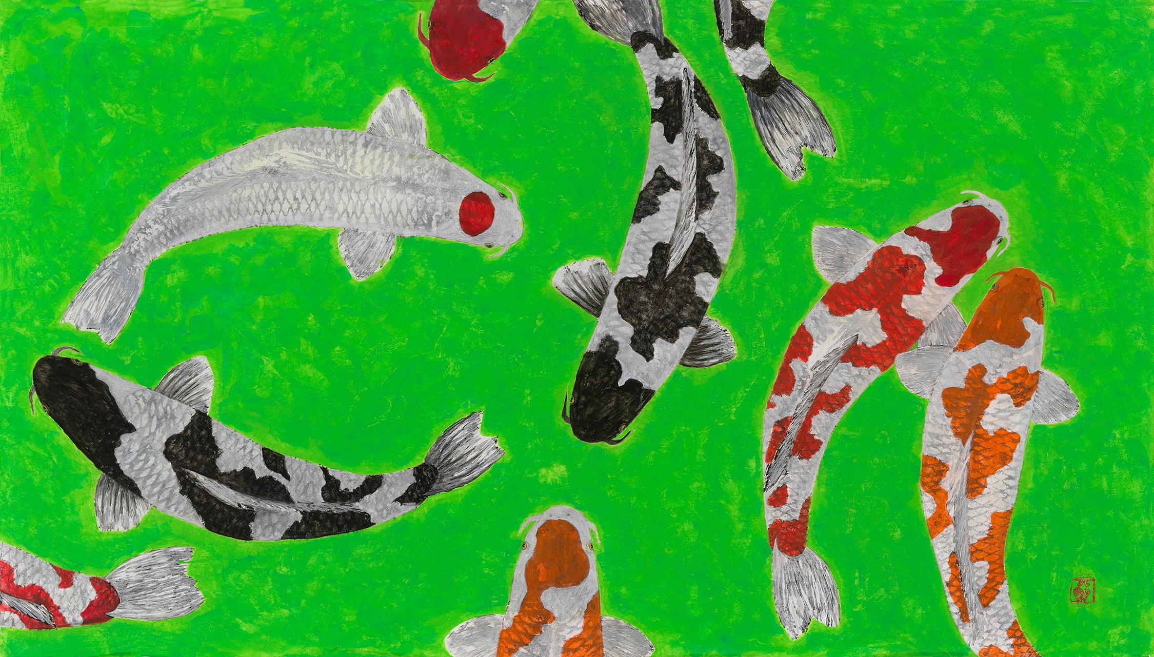 Conclave di Koi Pond - Pittura Gyotaku in stile giapponese su carta Kraft d'archivio