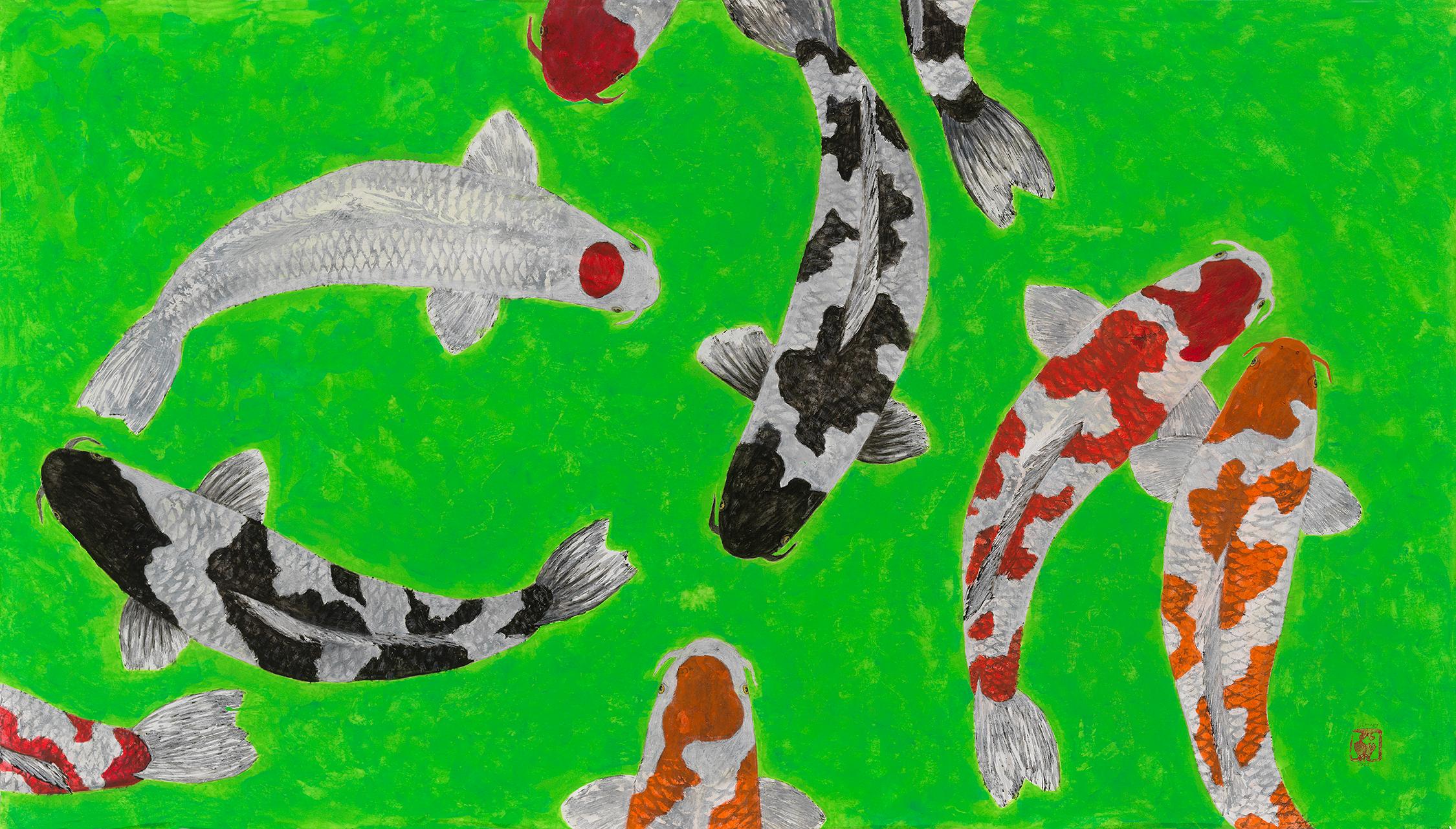 Jeff Conroy Animal Painting – Koi-Teichkonclave – Gyotaku-Gemälde im japanischen Stil auf Archivpapier