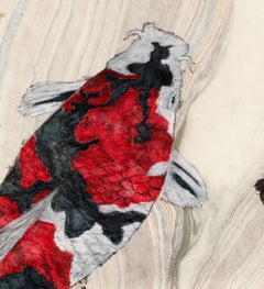 Koi Pond Gathering - Japanese Style Gyotaku Painting on Marbled Mulberry Paper