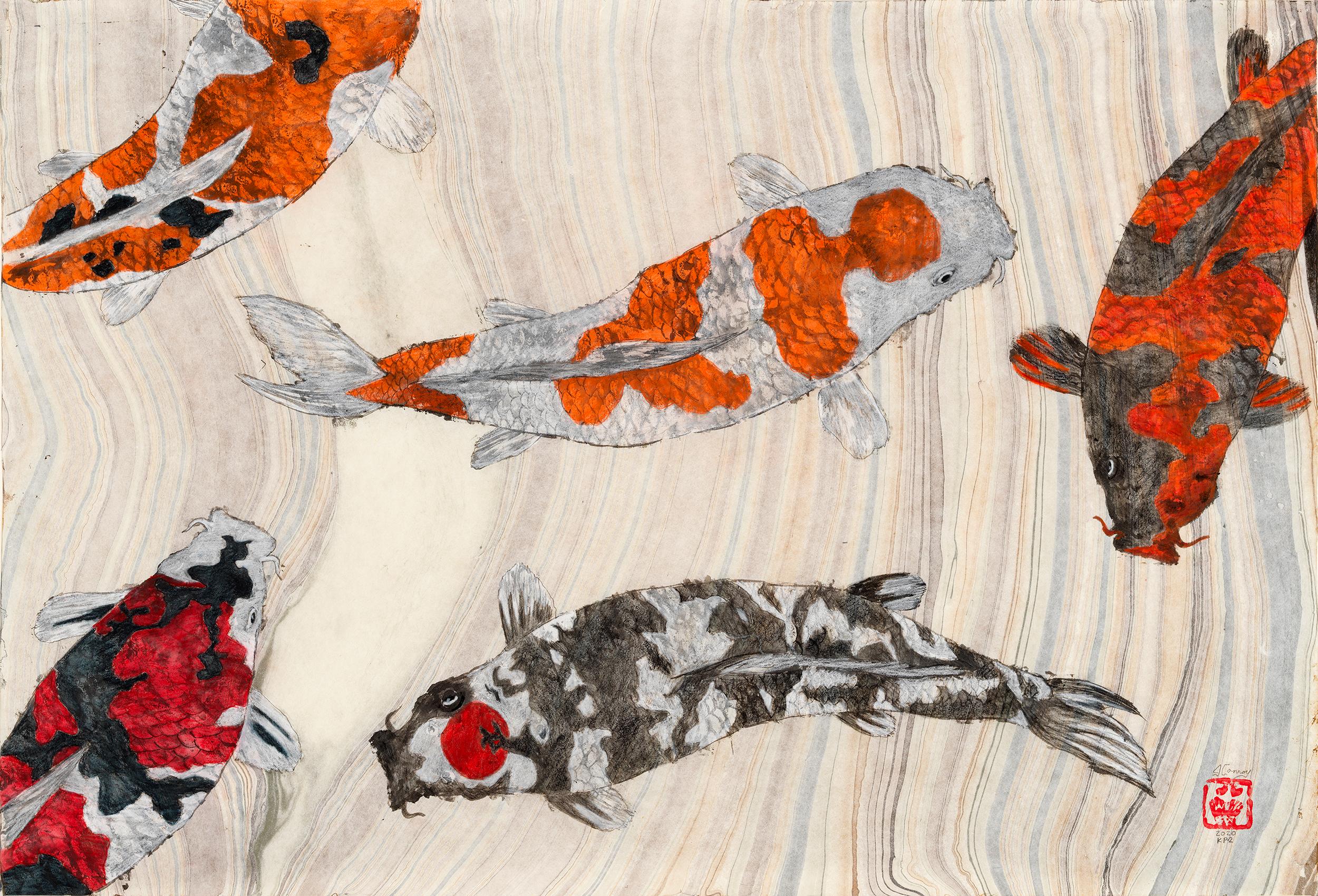 Jeff Conroy Animal Painting - Koi Pond Gathering - Japanese Style Gyotaku Painting on Marbled Mulberry Paper
