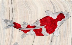 Koi Pond Impasse - Japanese Style Gyotaku Painting on Marbled Mulberry Paper